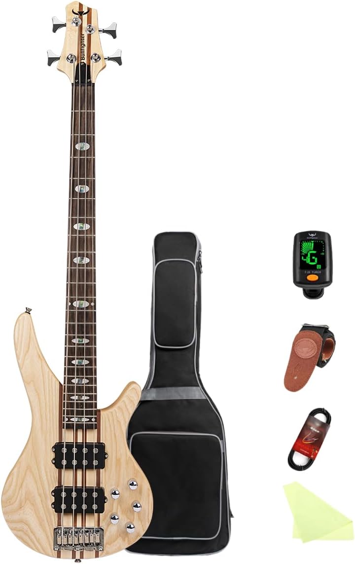 Bullfighter Elem Electric Bass Guitar Through Body 4/5 Strings Full Size P Bass Beginner Kit Black for Starter with Gig Bag, Guitar Strap, and Bass Guitar Cable DBS Series (wood-4string)