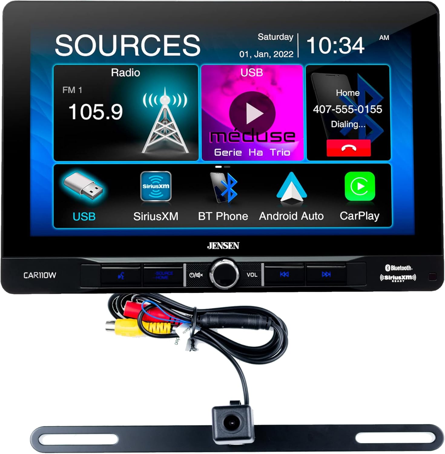 JENSEN CAR110W 10-inch Touch Screen Single DIN Car Stereo Media Receiver | Wireless and Wired Apple CarPlay & Android Auto | Bluetooth | License Plate Style Backup Camera Included | Sirius XM Ready