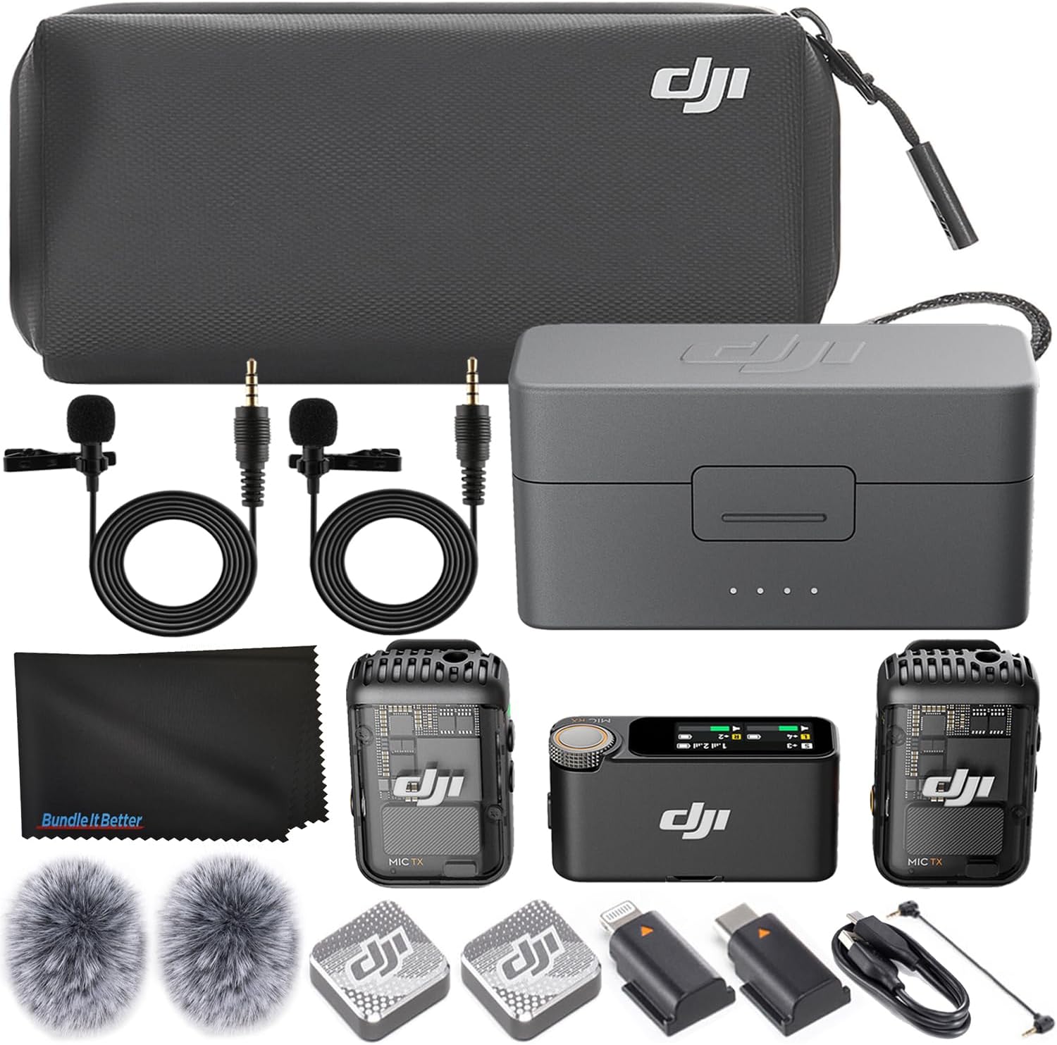 DJI Mic 2 (2 TX + 1 RX + Charging Case), Wireless Lavalier Microphone, Noise Cancelling, 820 ft. Range, Microphone for iPhone, Android, Camera Bundle with 2X Omnidirectional Condenser Lavalier Mics