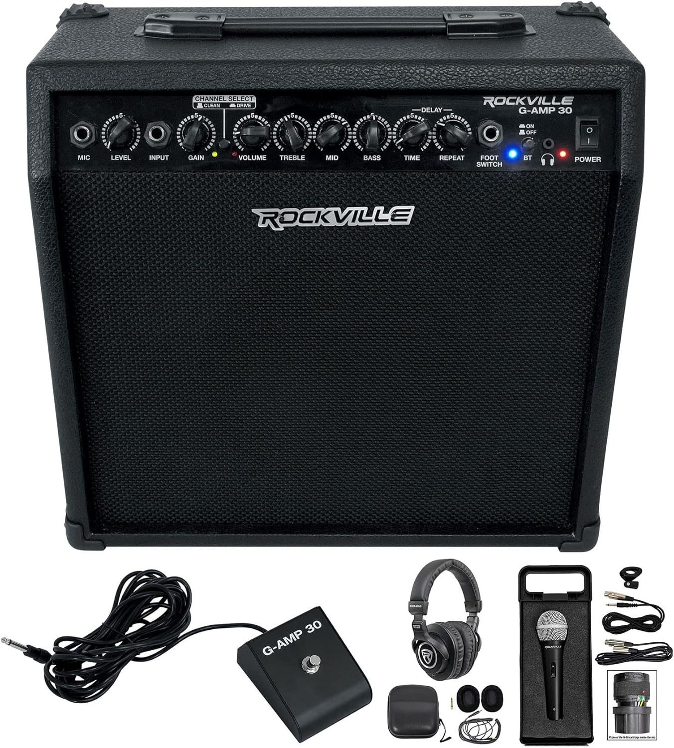 Rockville G-AMP 30 Bundle: 30-Watt Guitar Combo Amplifier with Bluetooth, Mic Input, Footswitch, RMC-XLR Wired Mic with 2 Cables, PRO-M50 Studio Headphones with Detachable Coil Cable, Case, 3-Items