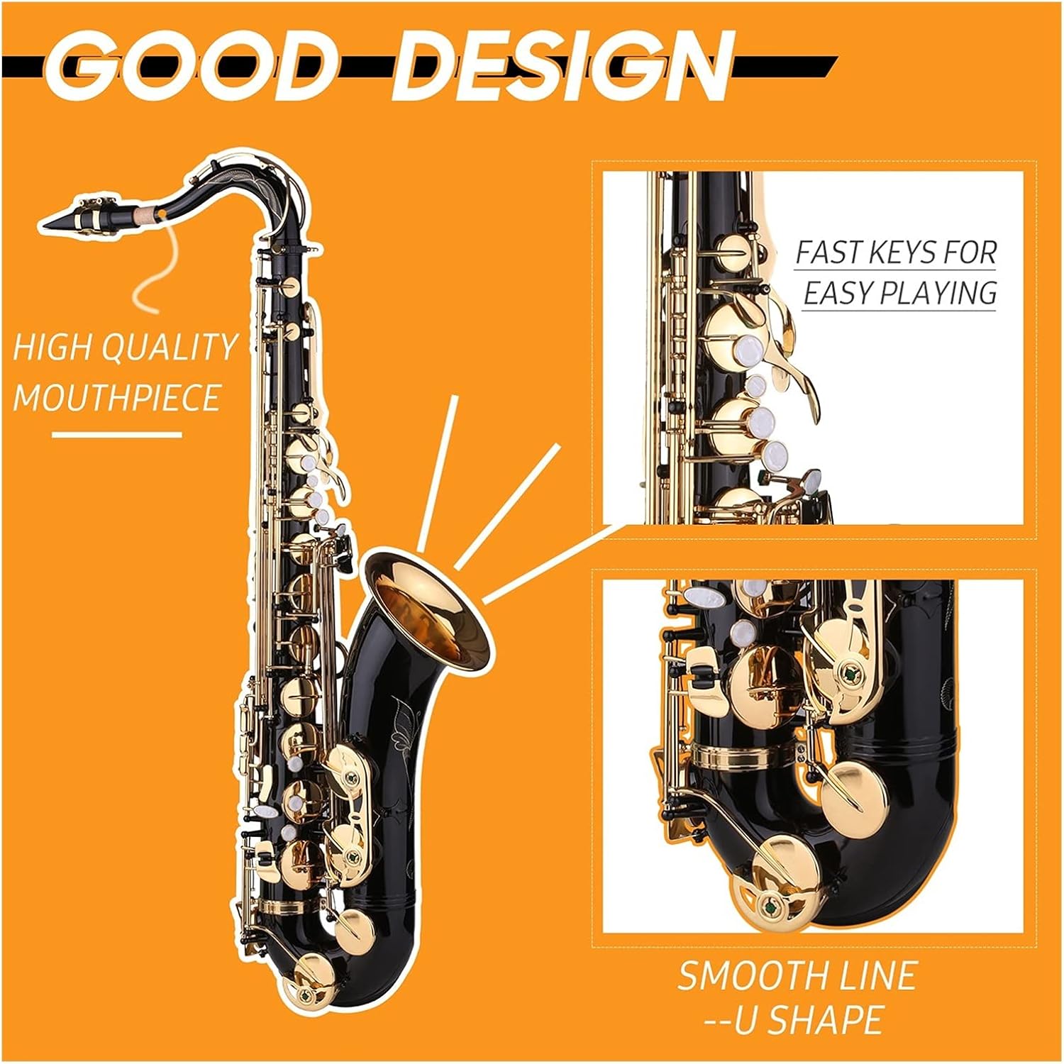 B-Flat Tenor Saxophone Bb Black Lacquer Sax with Instrument Case Mouthpiece Reed Neck Strap Cleaning Cloth Brush Beginner Student Saxophone