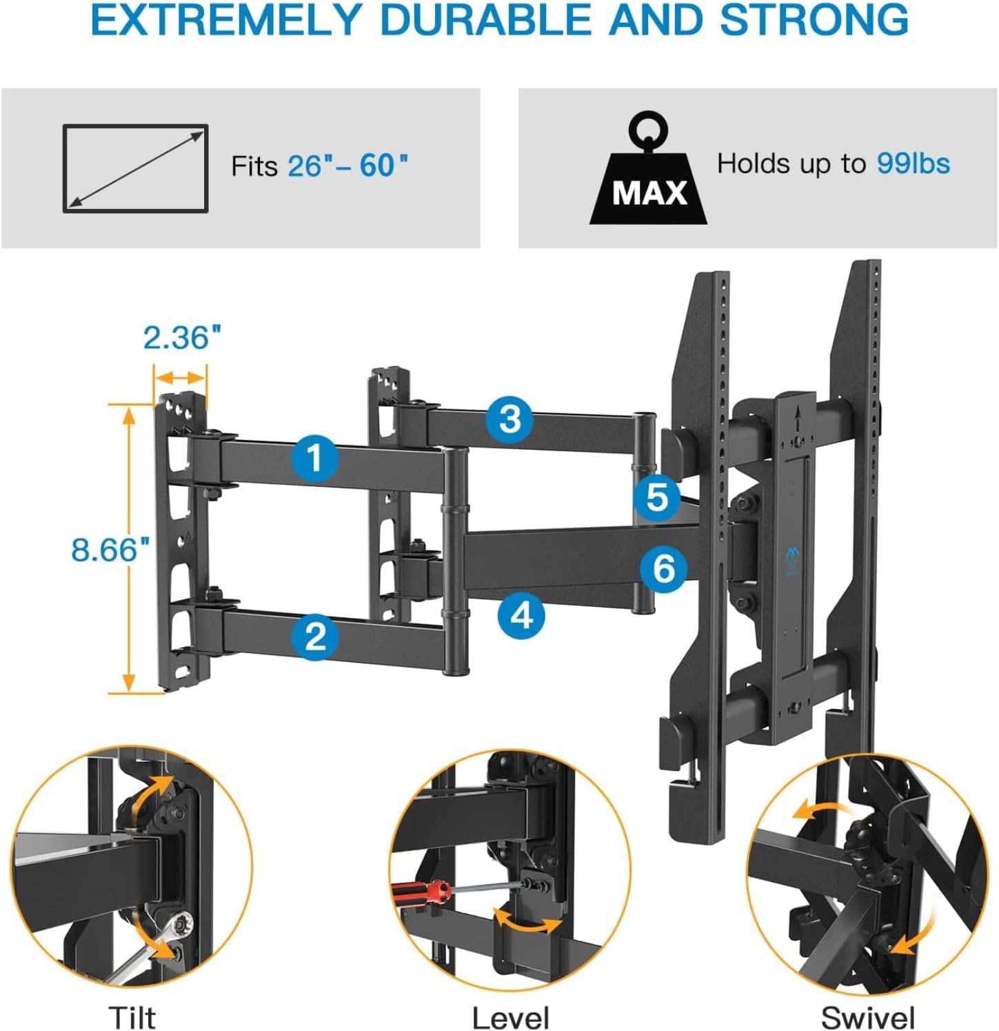 PERLESMITH Full Motion TV Wall Mount for 50”-90” TVs up to 165lbs, Max VESA 800x400mm PSXFK1, Corner TV Wall Mount for 26-60 inch up to 99 lbs, Max VESA 400x400mm PSCMF1