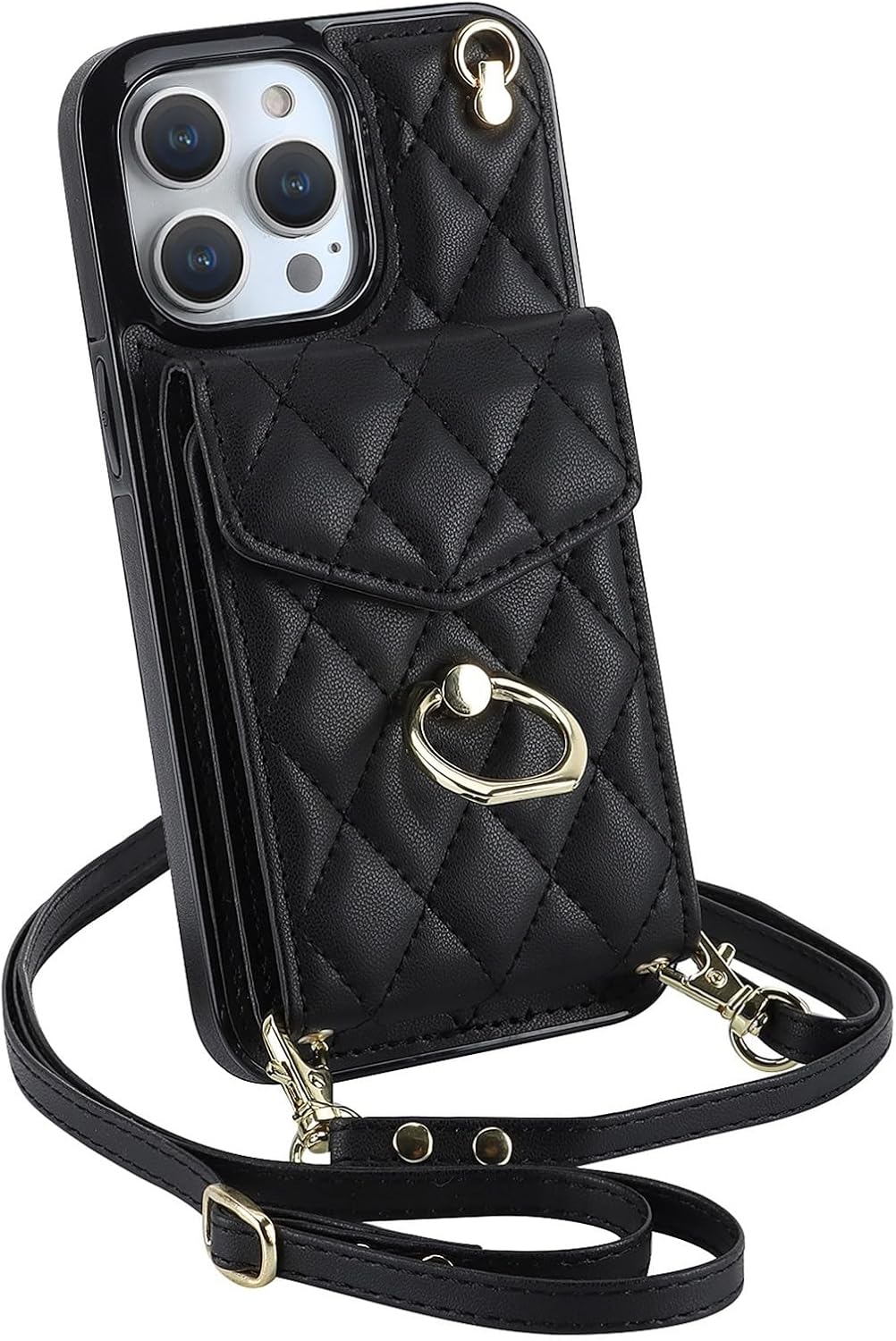 Case for iPhone 16 Pro Max/16 Pro/16 Plus/16, RFID Blocking Shell Cover Rotating Ring Case Adjustable Shoulder Stra Shell(Black,16)