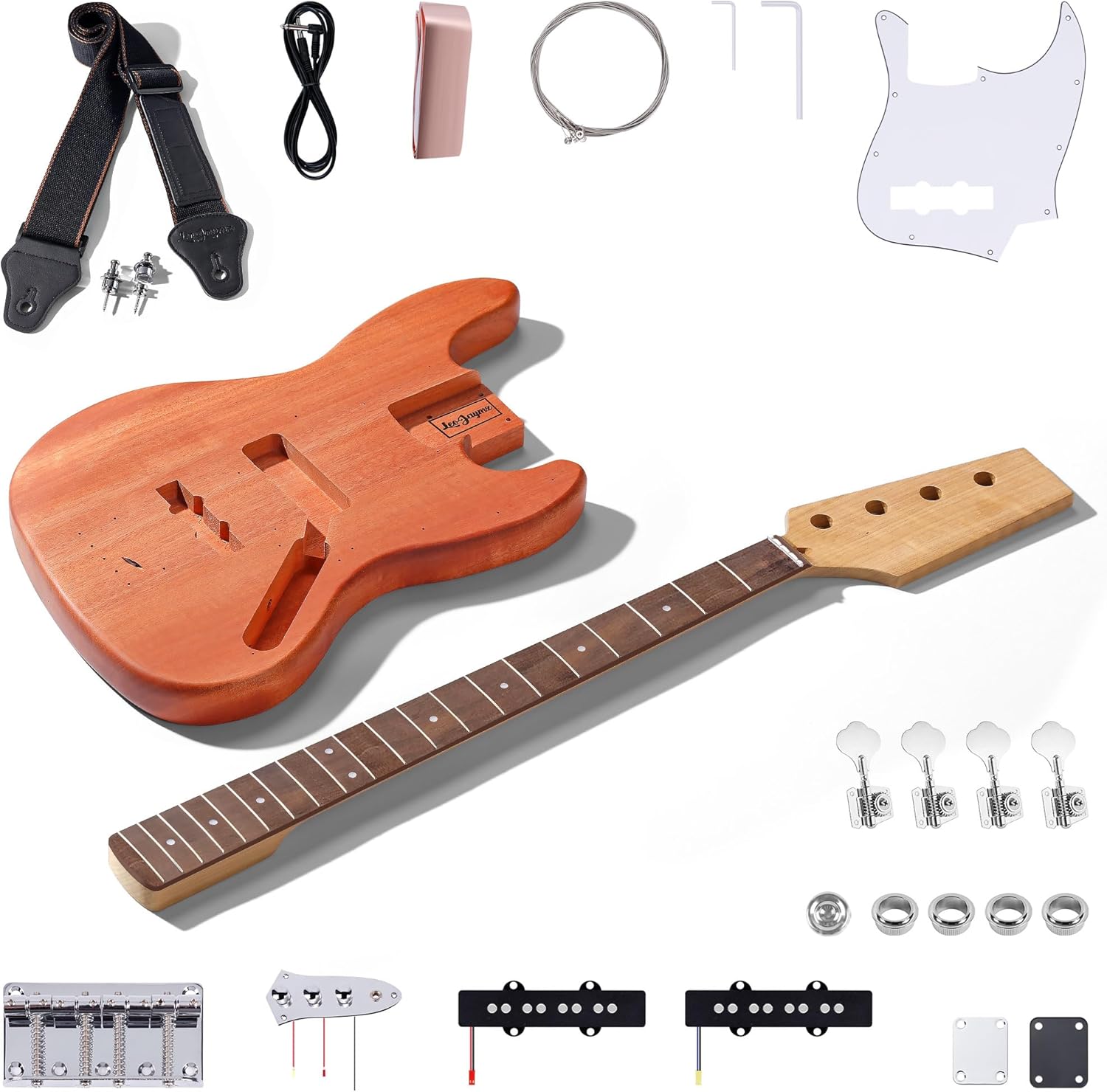 Leo Jaymz DIY Electric Bass Guitar Kits - Mahogany Body, Roasted Maple Neck and Laurel Wood Fingerboard - Fully Components Included (JB)
