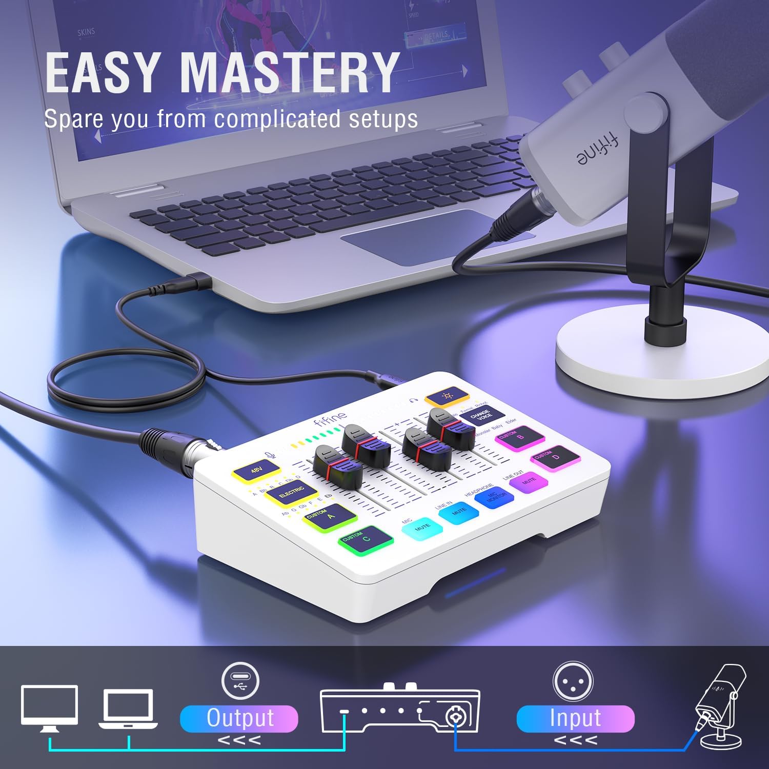 FIFINE Audio Mixer and XLR Cable, PC Gaming Mixer with XLR Microphone Interface, Volume Fader, Individual Control Channels, Audio Cable with Balanced 3 PIN for Streaming Recording Podcast(SC3W+L9)