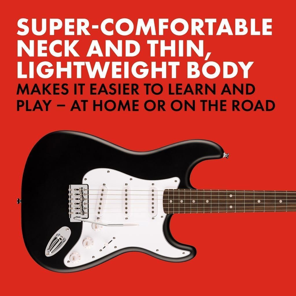 Fender Squier Debut Series Stratocaster Electric Guitar, Beginner Guitar, Black with Matte Finish + Fender Mustang Micro Headphone Amplifier