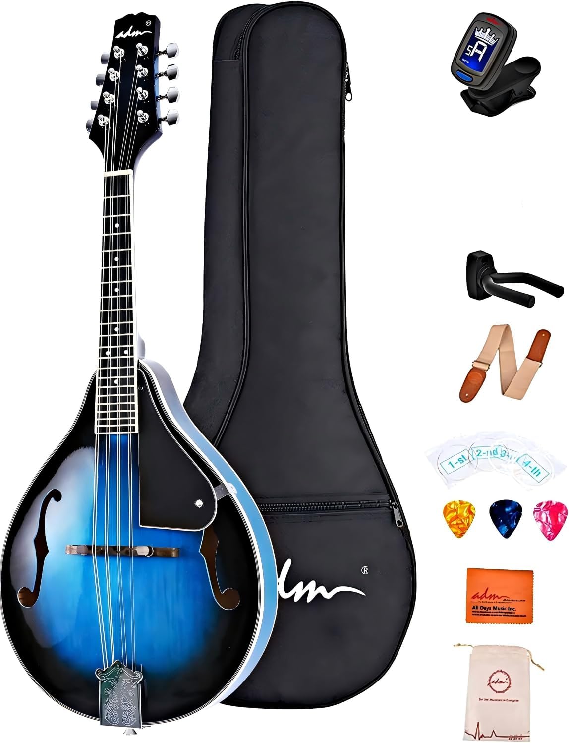ADM Acoustic Mandolin Instrument Kit Music A Style for Kids Students Adults Wood Mandolins Beginner Set With Bag, Tuner, Pick-up, Strap, Strings, Picks and Hanger, Blue