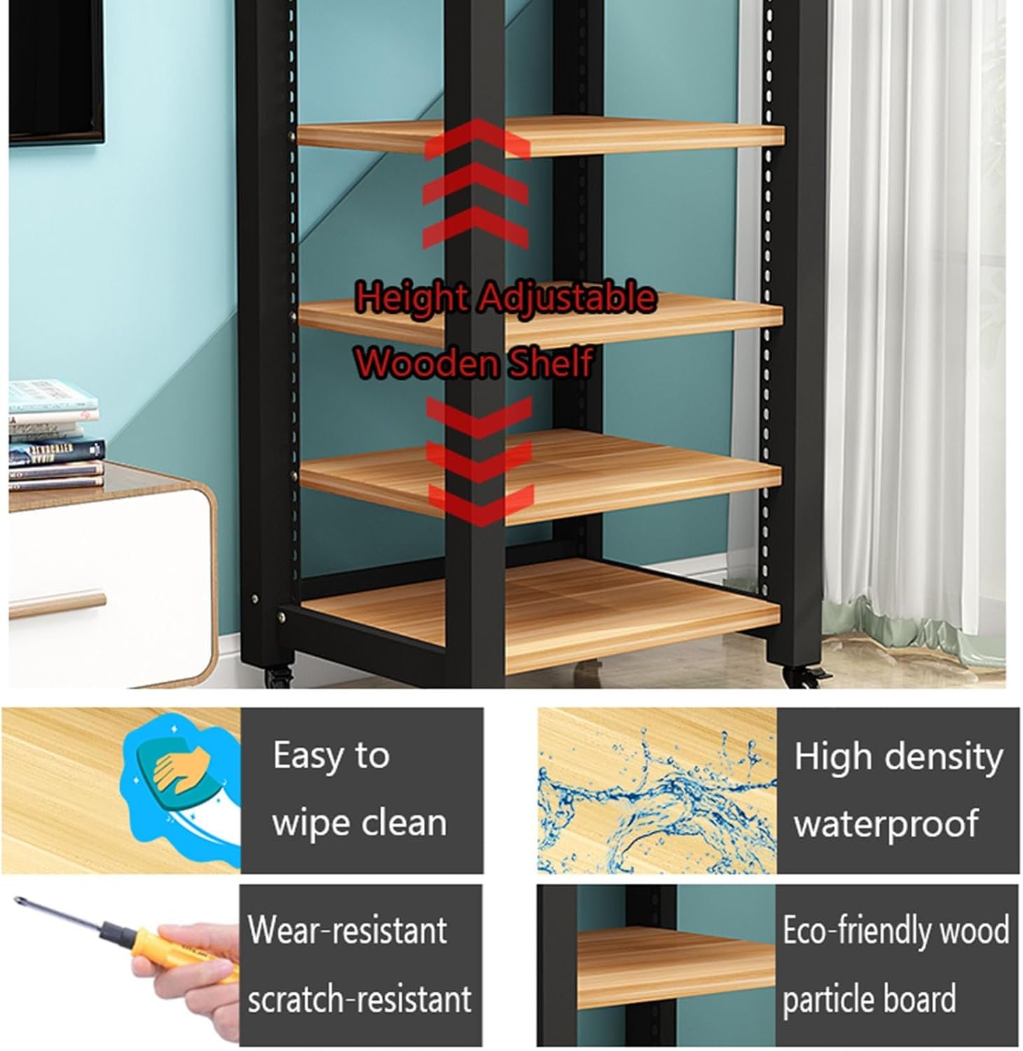 Movable Media Stand 5-Tier Movable AV Media Player Stand Corner Audio Tower Component Cabinet Stereo Stand Adjustable Open Storage Rack (Color : B)