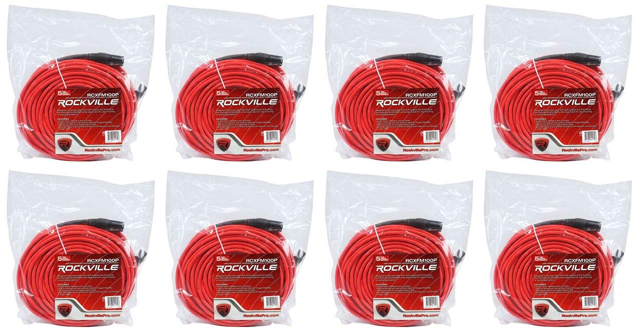 Rockville RCXFM100P-R 100 Ft XLR Female to Male Microphone Cable, Nickel Plated Connectors, Oxygen Free Copper, EMI RFI Shielded, Red Finish, 8-Piece