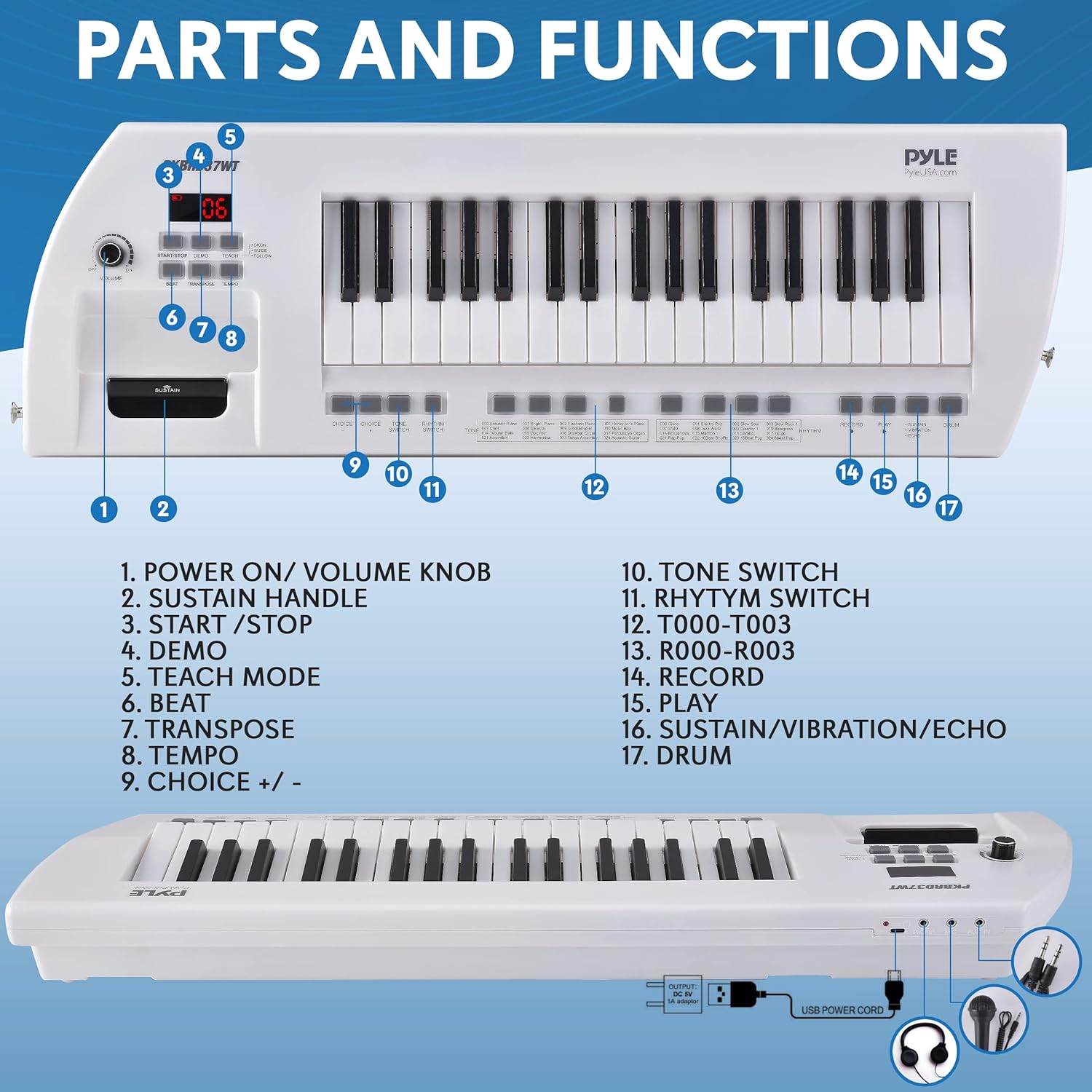 PYLE Electric Piano, 37 Keys Electric Keyboard Piano, Music Keyboard - Built-in Stereo Speakers, Rechargeable Battery, Wired Microphone, Portable Design, 200 Tones, 200 Rhythms, 50 Demos Included