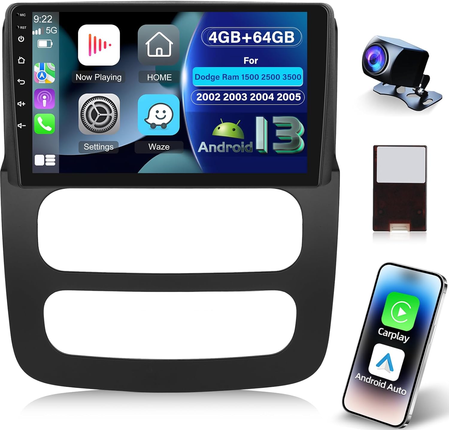 [4G+64G] Car Radio for Dodge Ram 1500 2500 3500 2002 2003 2004 2005, 9 inch Android Touch Screen Ram Stereo, 32 EQ Audio/1280 * 720 Screen/Carplay/Android Auto/SWC/Bluetooth/WiFi