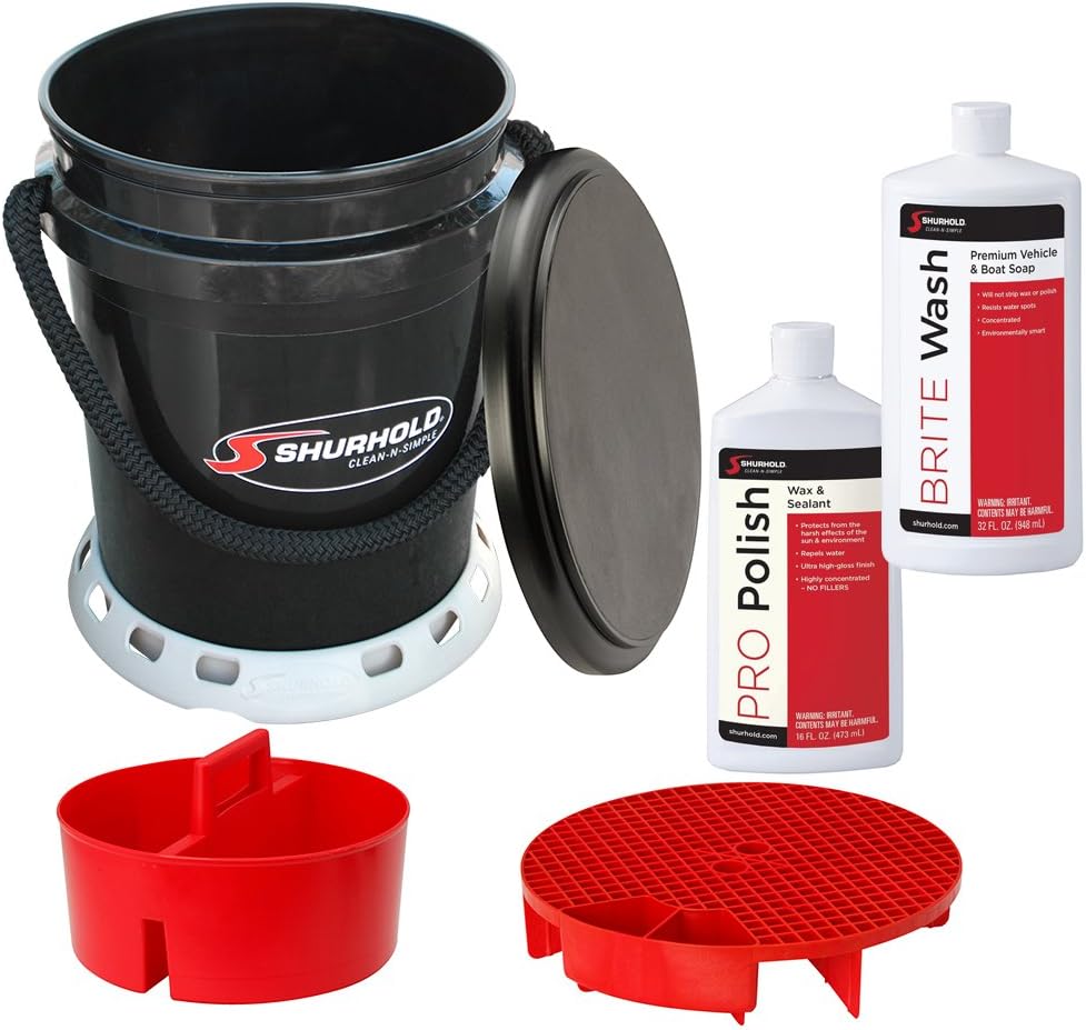 Shurhold Ultimate One Bucket System with Black Rope Handle, Lid, and Cleaning Supplies, 5 Gallon