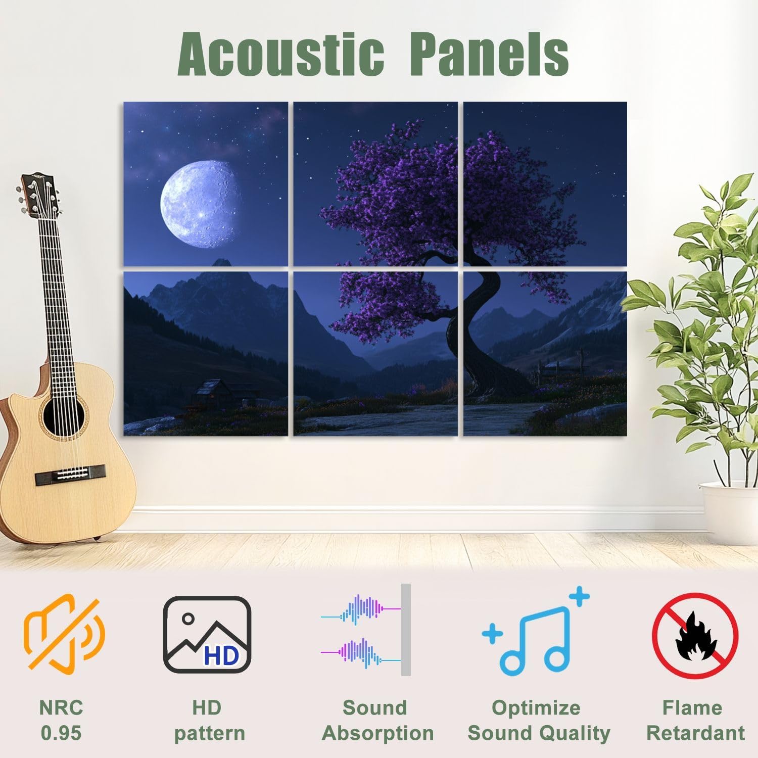 6 Pack Art Acoustic Panels Sound Absorbing Boho Farmhouse Scenery Modern Blossoming Full filled Sky Remote Cabin Decorative Soundproof Wall Panels Self Adhesive for Recording Studios Office 72