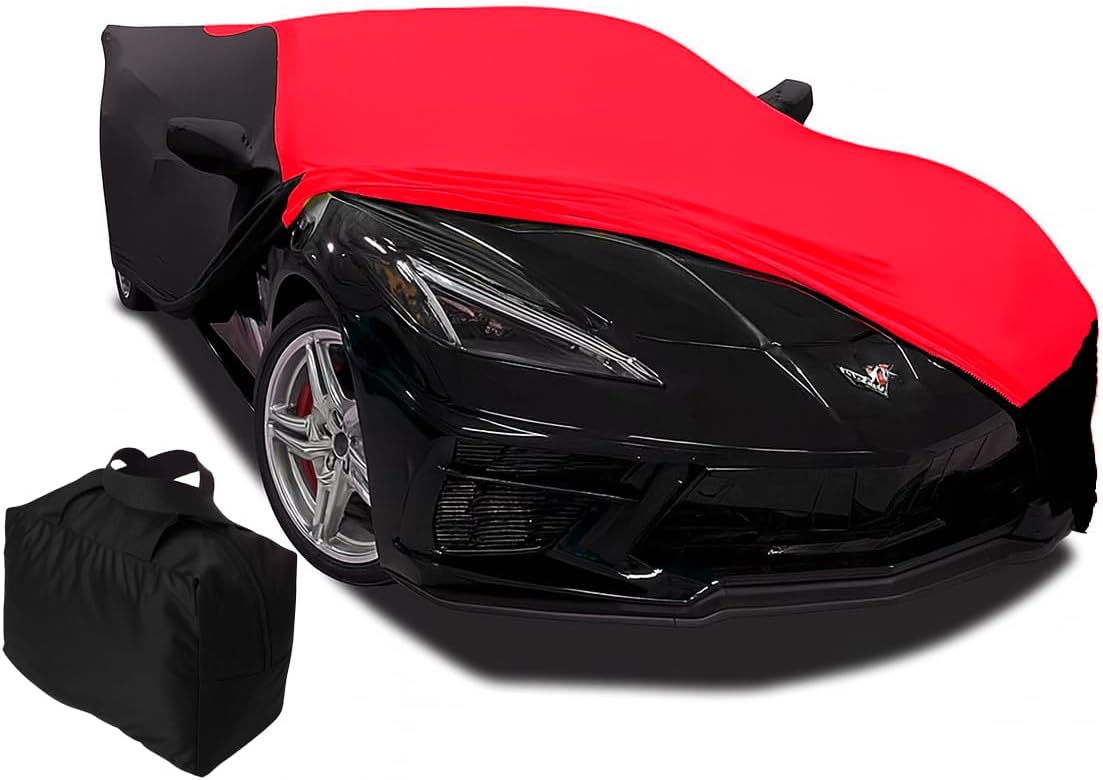 C8 Corvette Custom Fit Car Cover - Indoor Ultraguard Stretch Satin Sport Series - The Ultimate High End for 2020-2026 Stingray, Z06, Z51, E-Ray Chevrolet Corvettes (Red/Black)