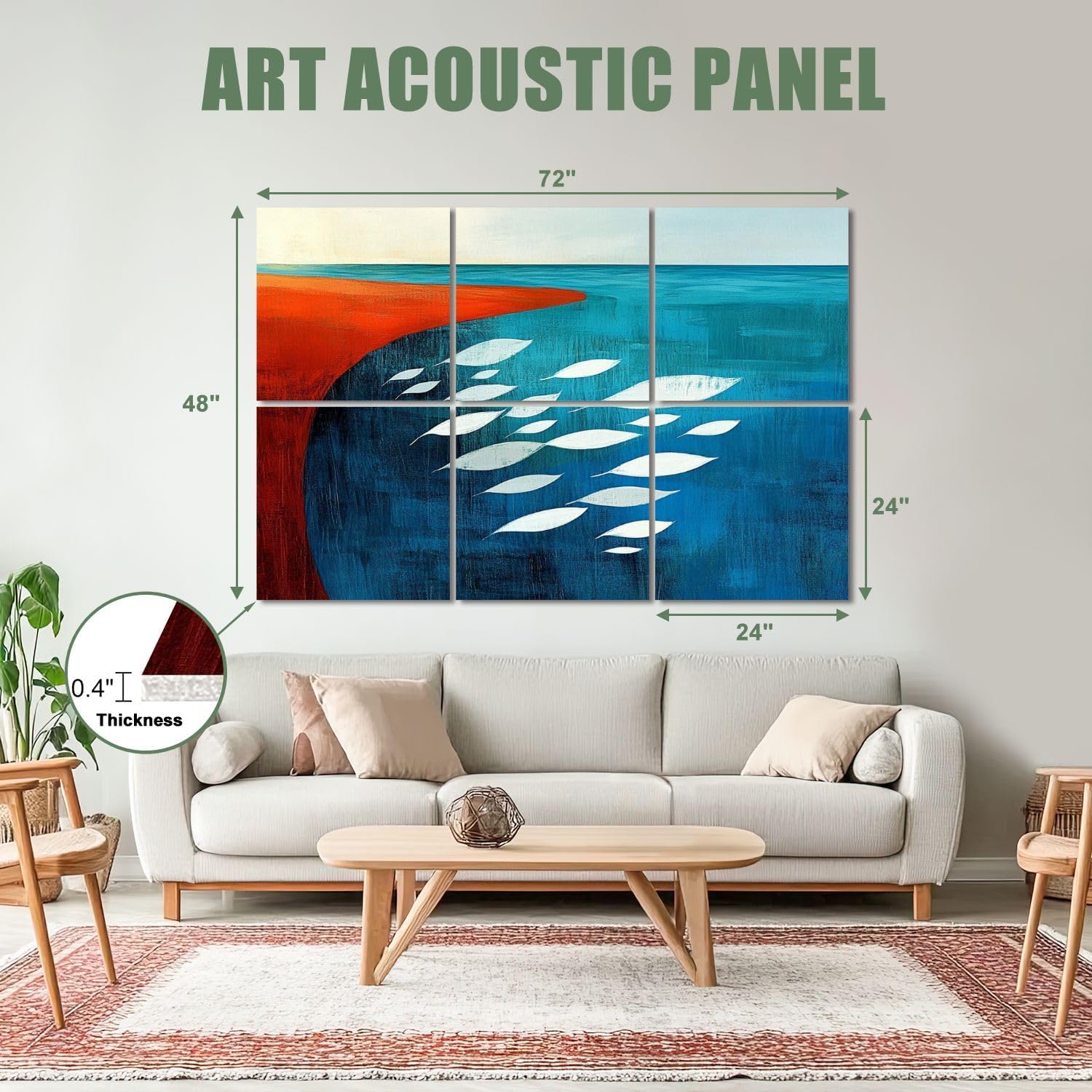 6 Pack Art Acoustic Panels Sound Absorbing Abstract Ocean Red Sunset Modern Flowers Leaves Shapes Fluid Forms Decorative Soundproof Wall Panels Self Adhesive for Recording Studios Office 72