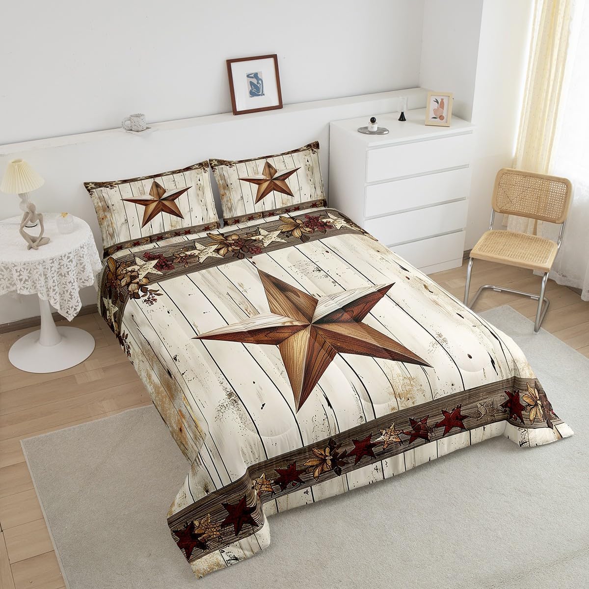 Manfei West Texas Star Comforter Set King Size, Rustic Farmhouse Quilt Set with 2 Pillowcases, Grey Wooden Plank Bedding Set 3pcs for Kids Boys Teens Room Decor, Lightweight Duvet Insert