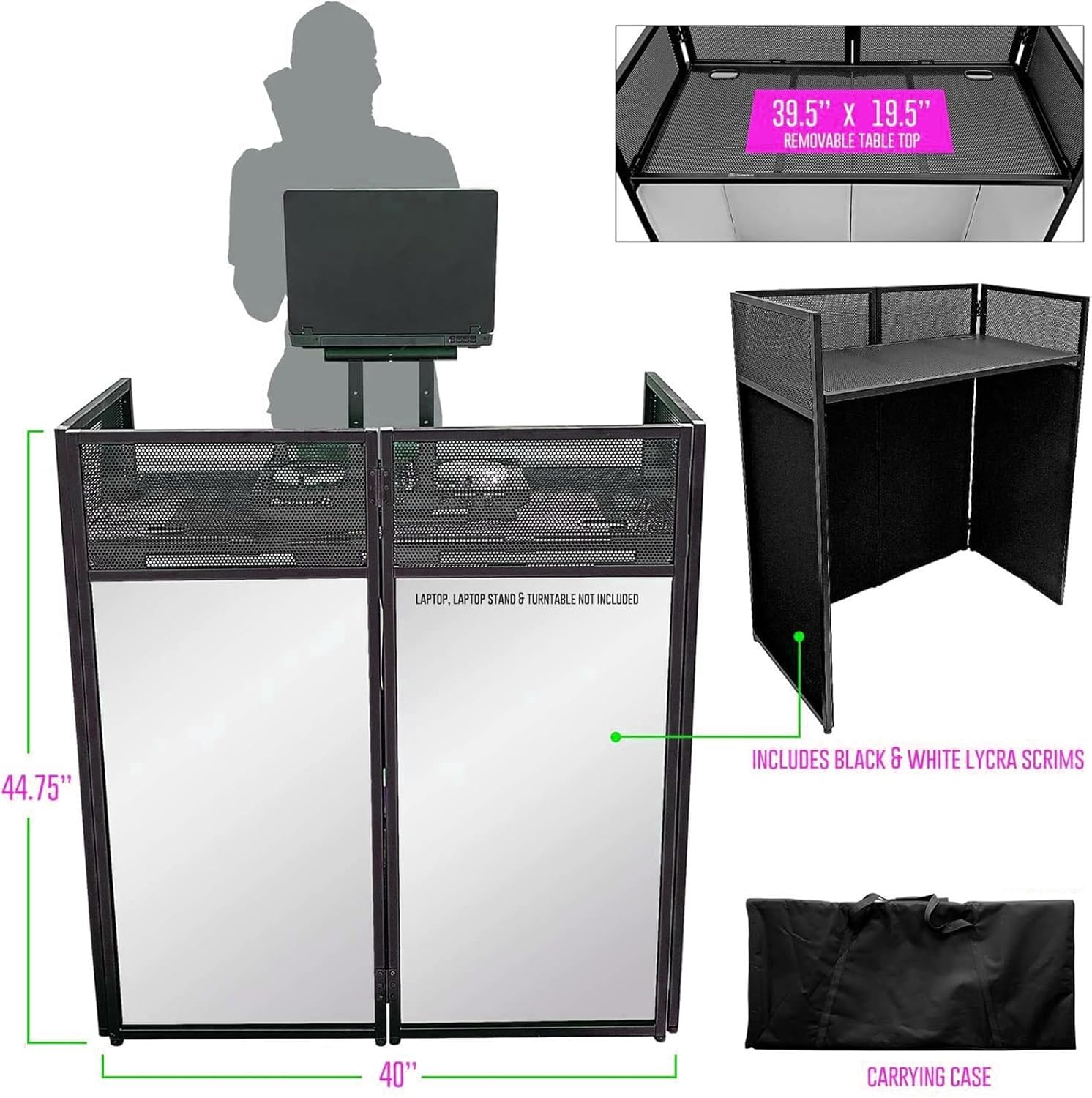 DJ Event Booth Facade DJ Facade Table Station,51x101.5x115 cm Foldable DJ Booth Flat Table Top w/White & Black Scrim,Padded Carrying Bag