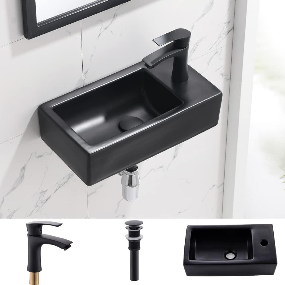 Wall Mount Corner Bathroom Sink with Faucet-Bokaiya 18 Inch Small Bathroom Sink Matte Black Porcelain Ceramic Cloakroom Mini Wall Mount Floating Vessel Sink with Faucet and Drain Combo, Right Hand