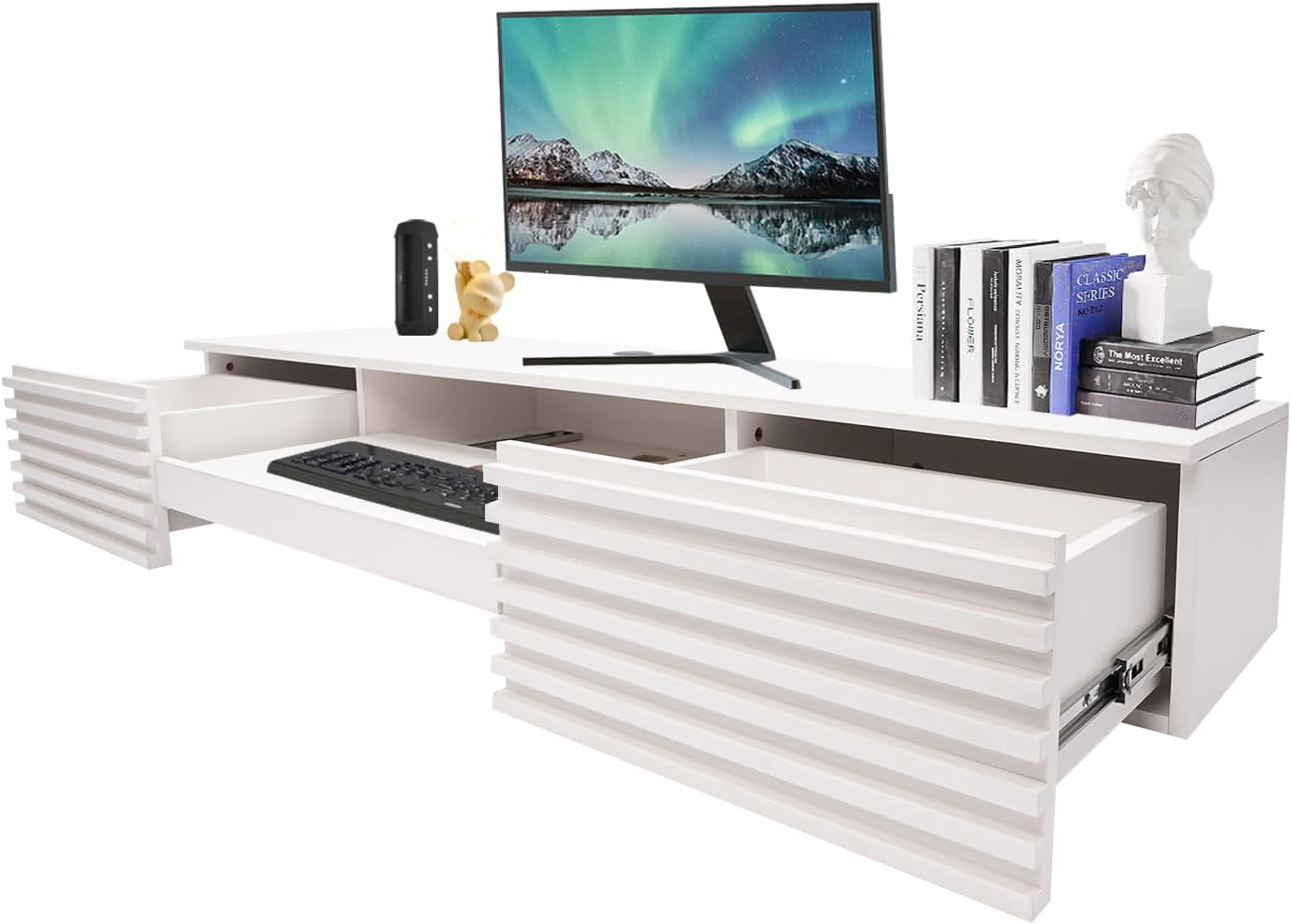 Floating Wall Mount Computer Desk Floating Shelf with 2 Drawer & Keyboard Tray Home Office Desk Workstation, Cable Hole, Laptop PC Table for Living Room, Bedroom, Office, White
