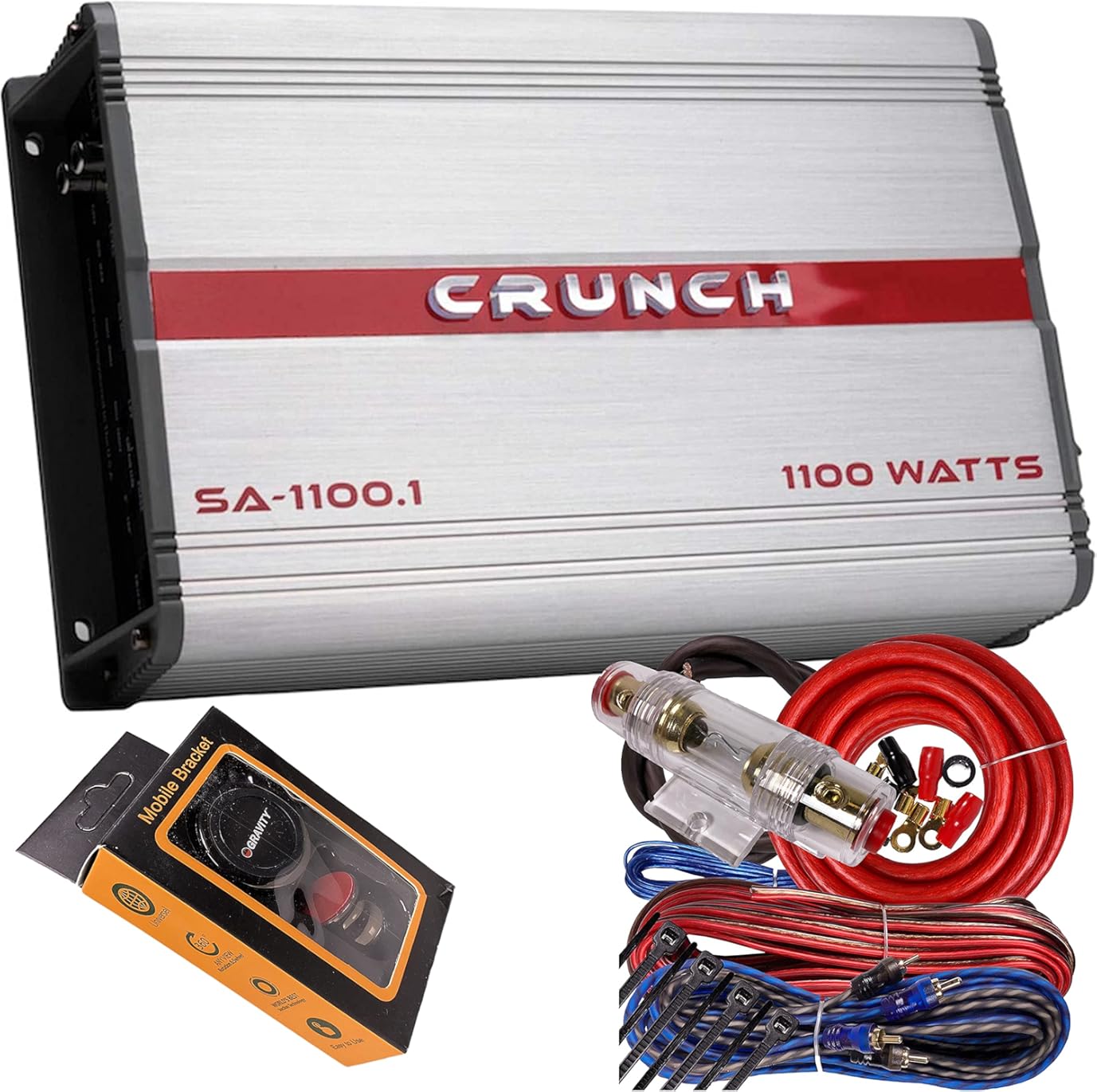 Crunch SA-1100.1 Smash Series 1,100-Watt Monoblock Class AB Amp Car Audio Sound System Subwoofer Speaker Amp Amplifier with Gravity Magnet Phone Holder and 4 Gauge Kit Red Bundle