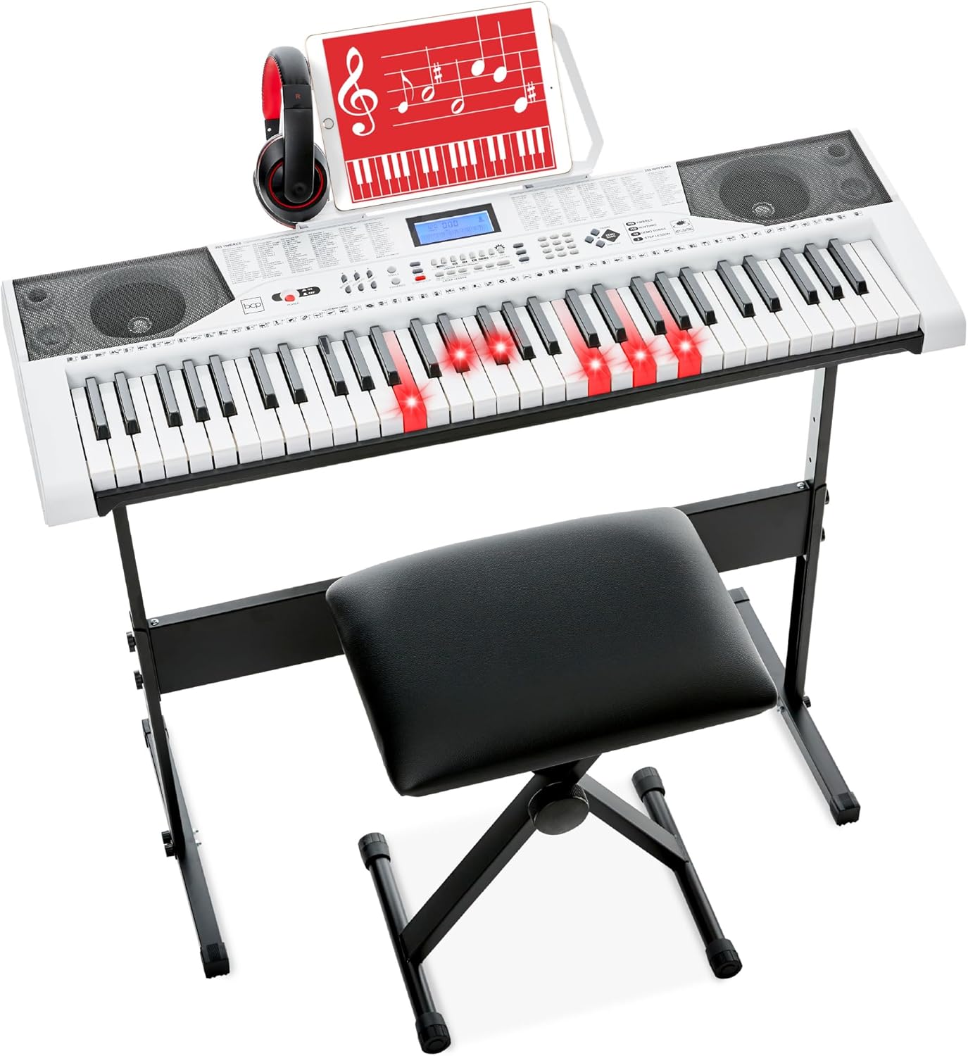 Best Choice Products 61-Key Beginners Complete Electronic Keyboard Piano Set w/Lighted Keys, LCD Screen, Headphones, Stand, Bench, Teaching Modes, Note Stickers, Built-In Speakers - White