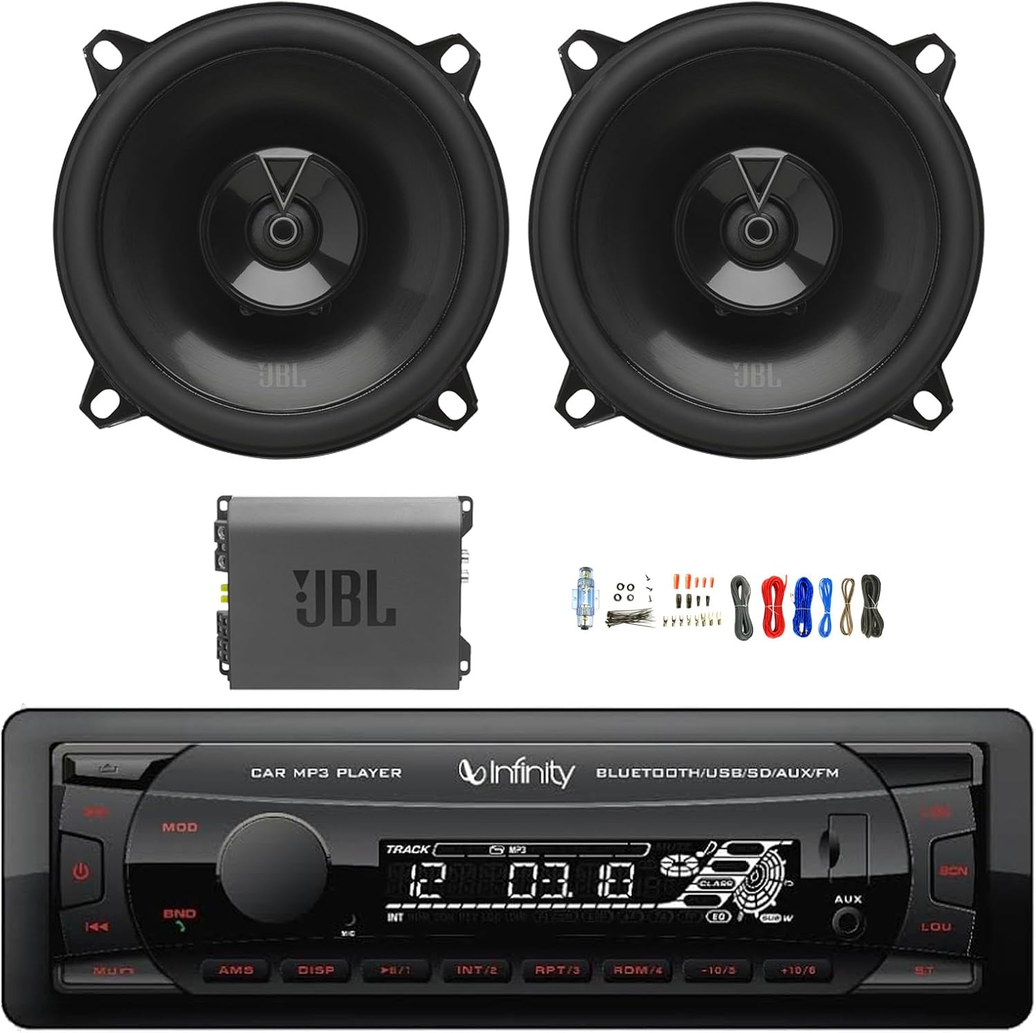 Single DIN Bluetooth USB/AUX FM Radio MP3 Receiver, 2X 5.25 135 Watt Peak Power 2-Way Car Audio Speakers, Amplifier w/Install Kit