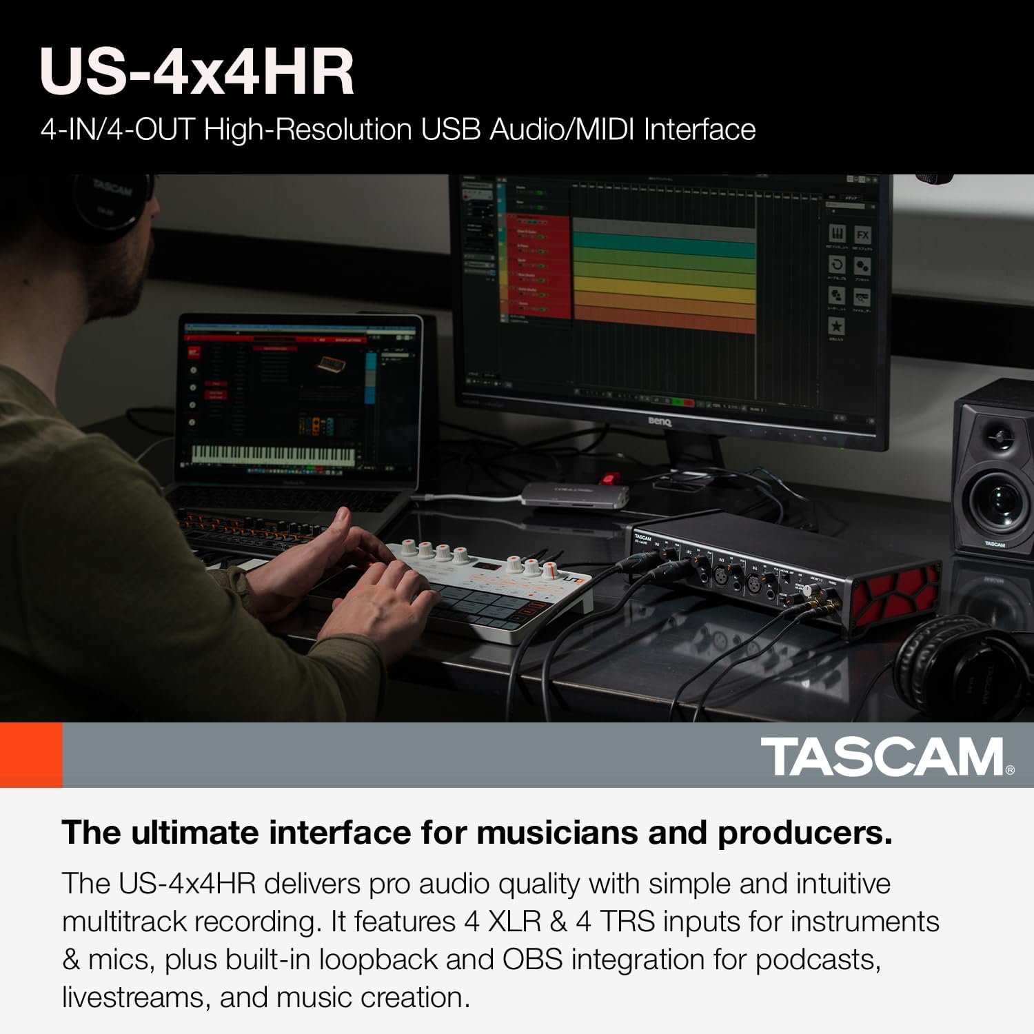 Tascam US-4x4HR 4 Mic 4IN/4OUT High Resolution Versatile USB Audio Interface for Recording, Streaming, Podcasting, Songwriting