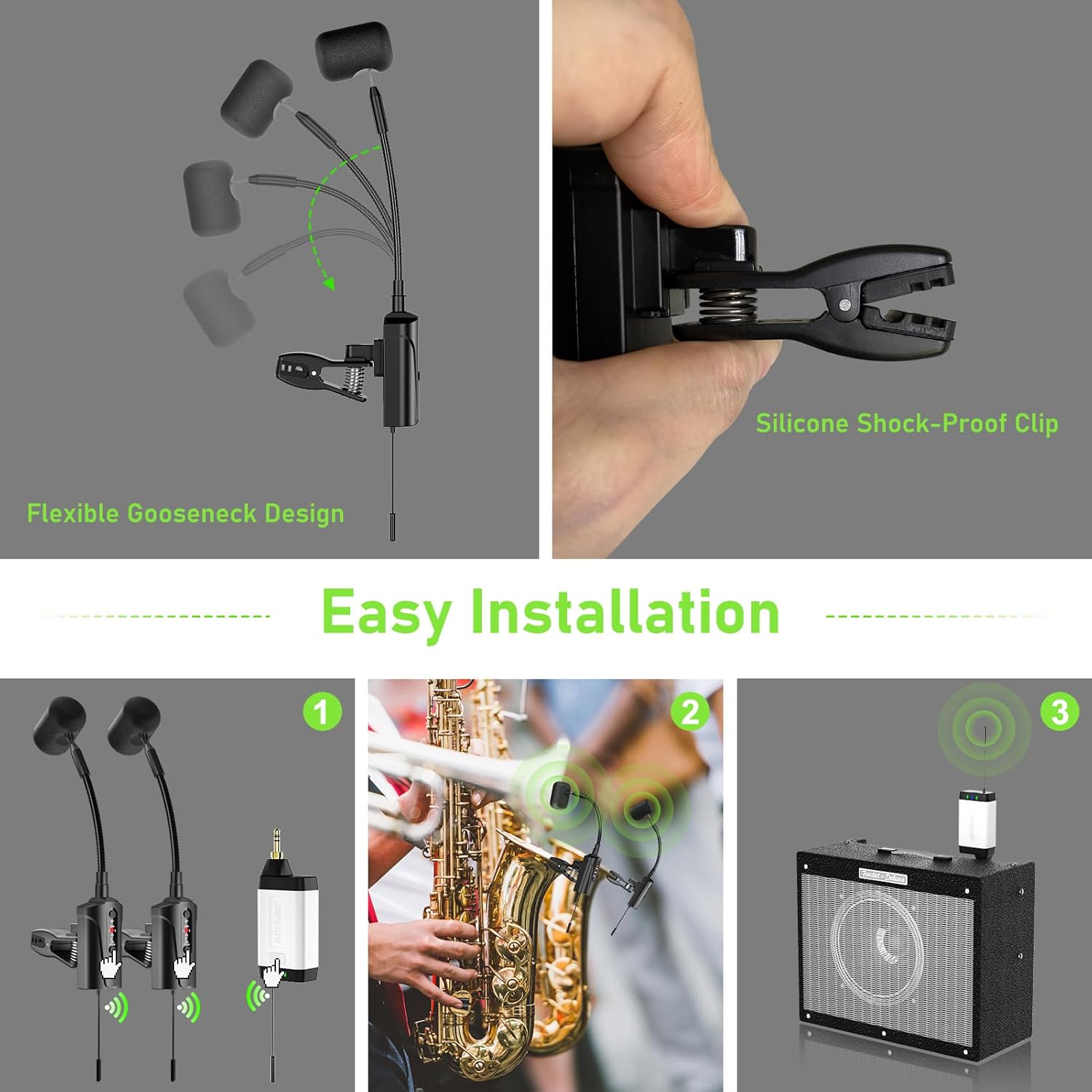 Dual UHF Saxophone Wireless Sax Microphone Instrument UHF Condenser Pick Up Clip-on Mic 1 Receiver and 2 Transmitter System for Saxophone French Horn Trumpet Trumbone,Q2/ST-5