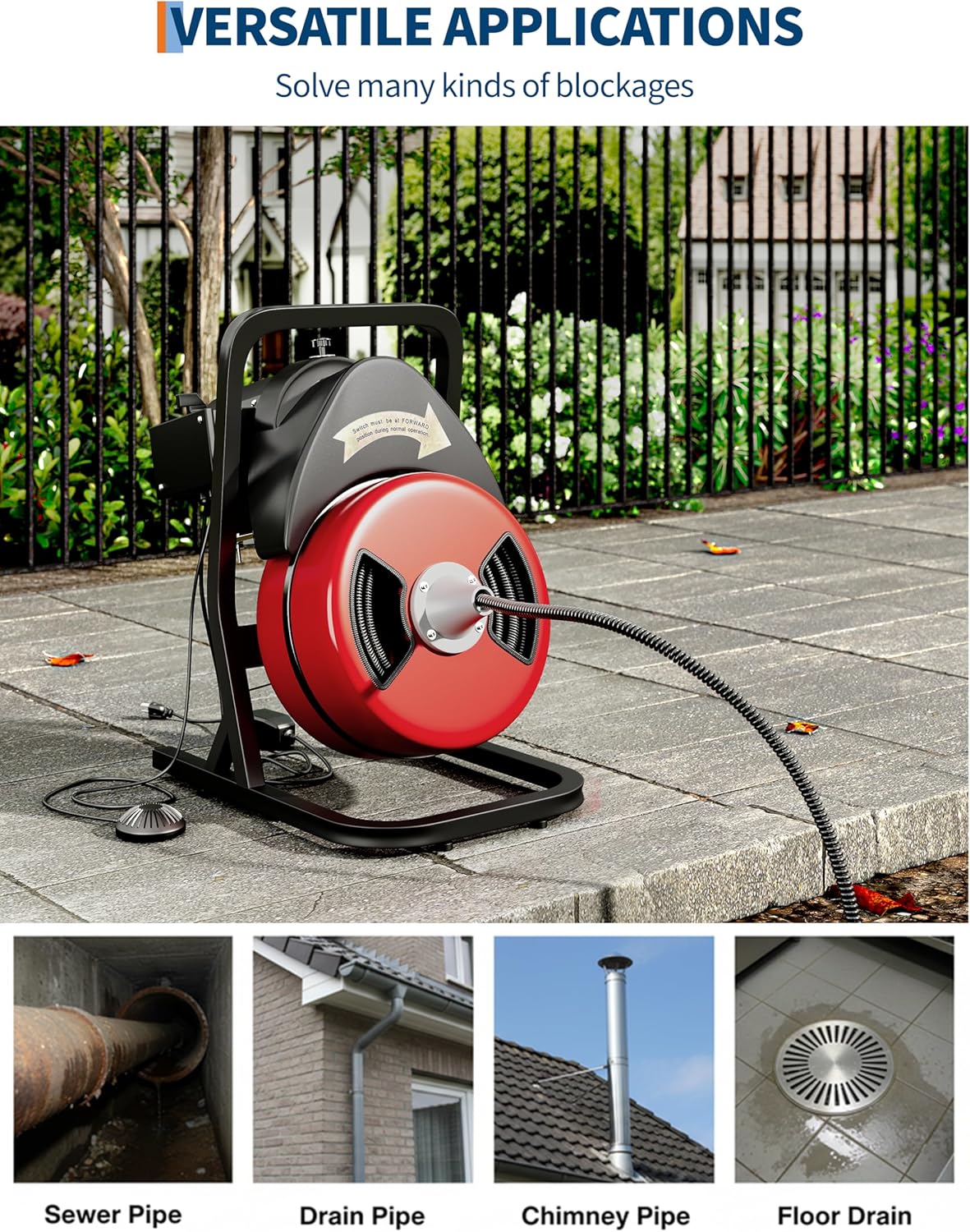 Drain Cleaner Machine 50FT x 1/2 Inch Steel Core Cable Portable 250W Electric Drain Cleaning Machine With Sewer Auger, Cutter, Air-activated Foot Switch, for Commercial, Home