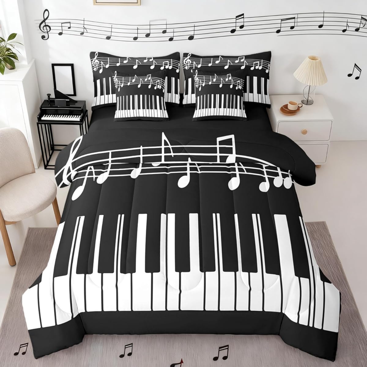 Castle Fairy Music Theme Queen 7 Pcs Bedding Sets Black White Piano Keyboard Comforter Set for Kids Teens Adults All Season (Comforter Flat Sheet Fitted Sheet 2 Pillowcases 2 Throw Pillow Covers)