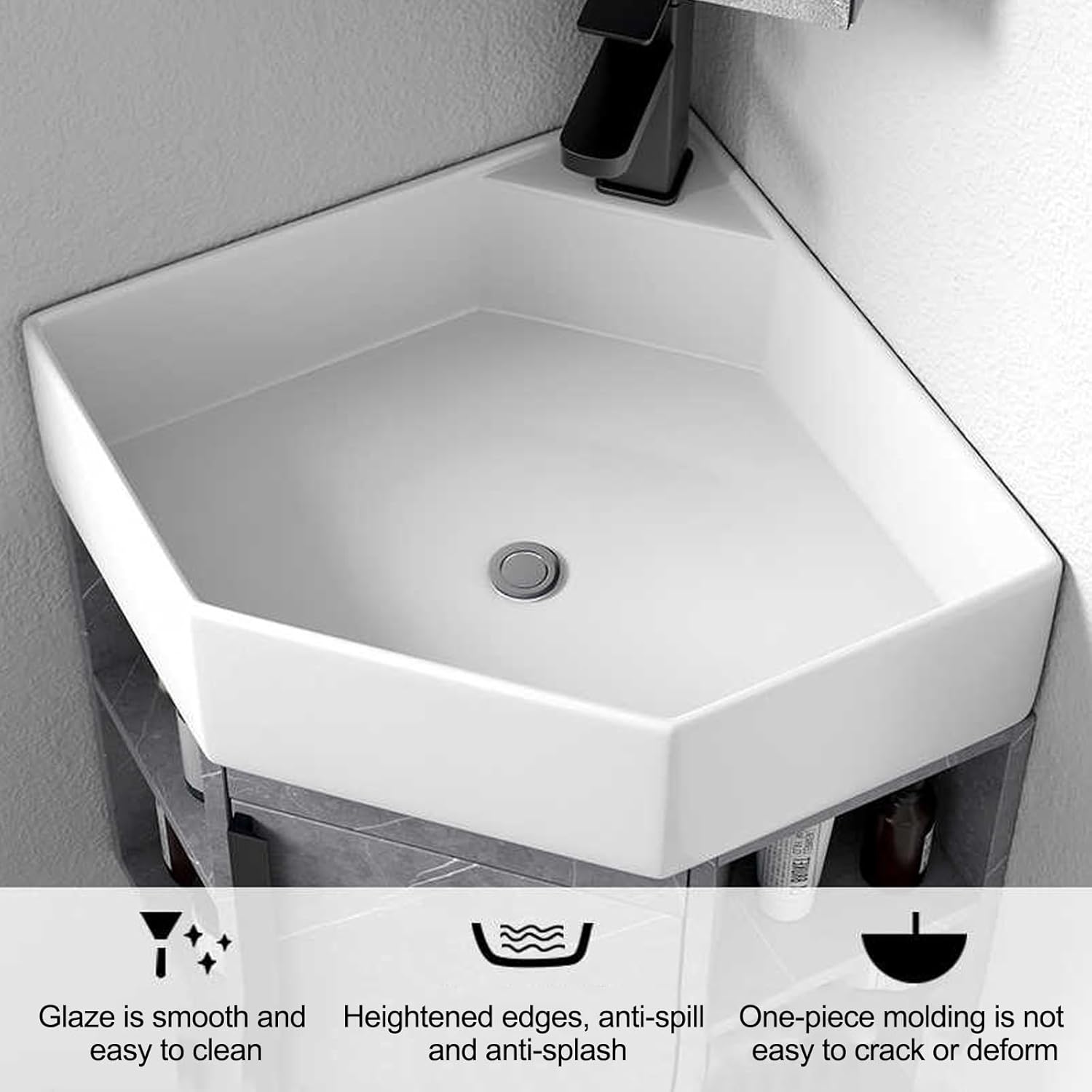 Small Wall Mount Corner Bathroom Vanity Sink Combo, Corner Vanity Cabinet with Ceramic Sink & Mirror Cabinet, Wall Mounted Utility Washing Hand Basin Design, for Small Space(40cm/15.7in) (One Co