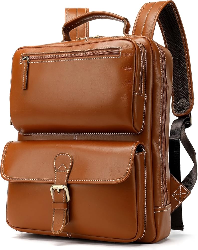 Genuine Leather Backpack Vintage Cowhide Large Capacity Bag for Casual Travel Sports Outdoor Hiking Gift Box (Brown)