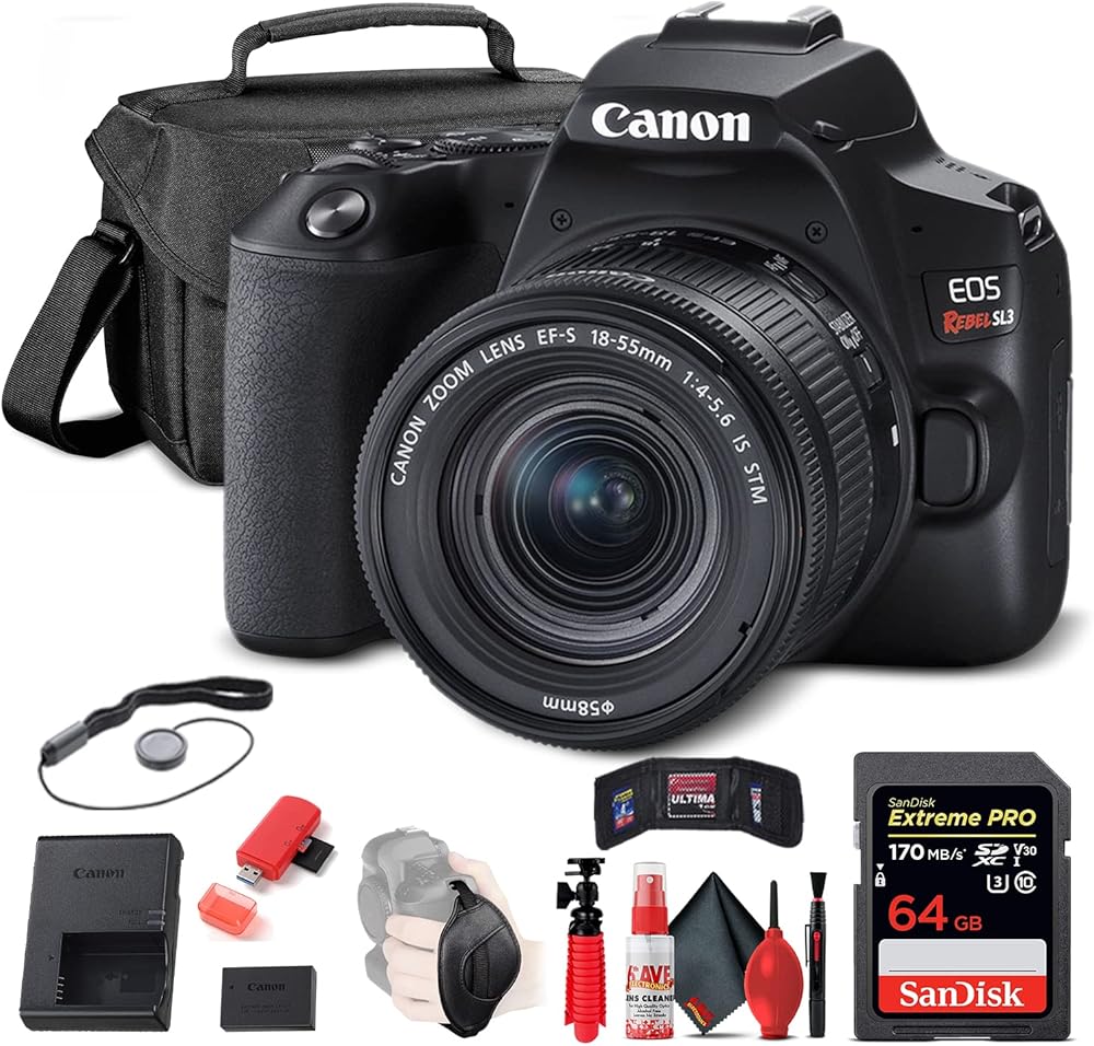Canon EOS Rebel SL3 DSLR Camera with 18-55mm Lens (Black) (3453C002) + 64GB Memory Card + Case + Card Reader + Flex Tripod + Hand Strap + Cap Keeper + Memory Wallet + Cleaning Kit (Renewed)
