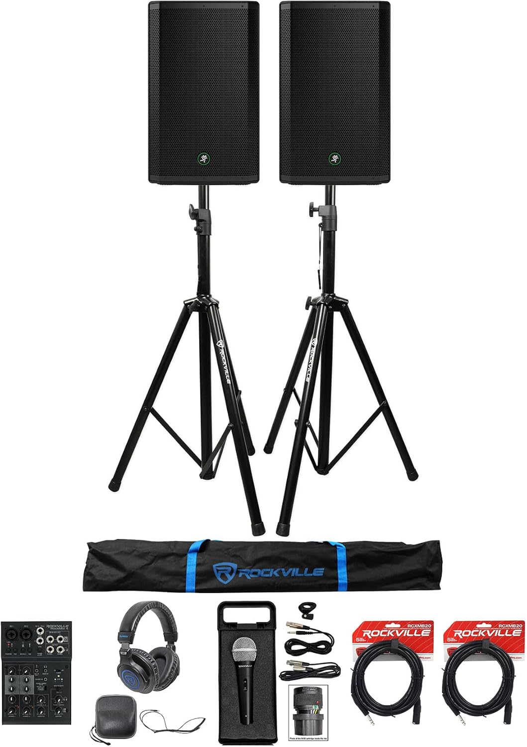 Audiosavings Bundle: (2) Mackie Thrash215 Speaker Bundle with (2) Rockville Stands, (2) Rockville RCXMB20B Cable, Rockville RMC-XLR Mic, Rockville DJ1500 Headphones + Rockville RockMix Mixer (8 Items)