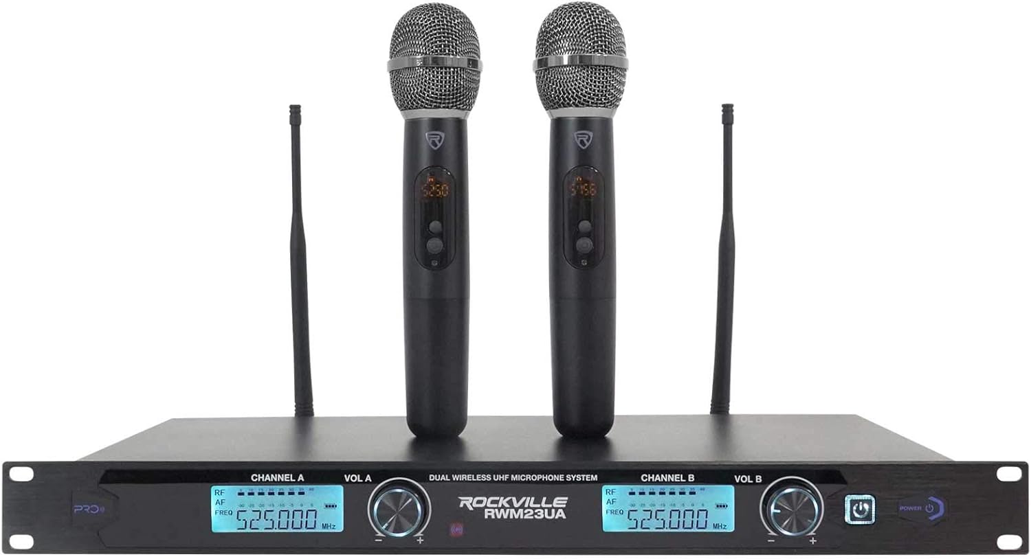 Rockville RWM23UA UHF Wireless Pro Rack Mount Dual Microphone System, 20 Channels, Long Range, Dual LCD Displays, Separate Outputs, for Karaoke and Live Performances