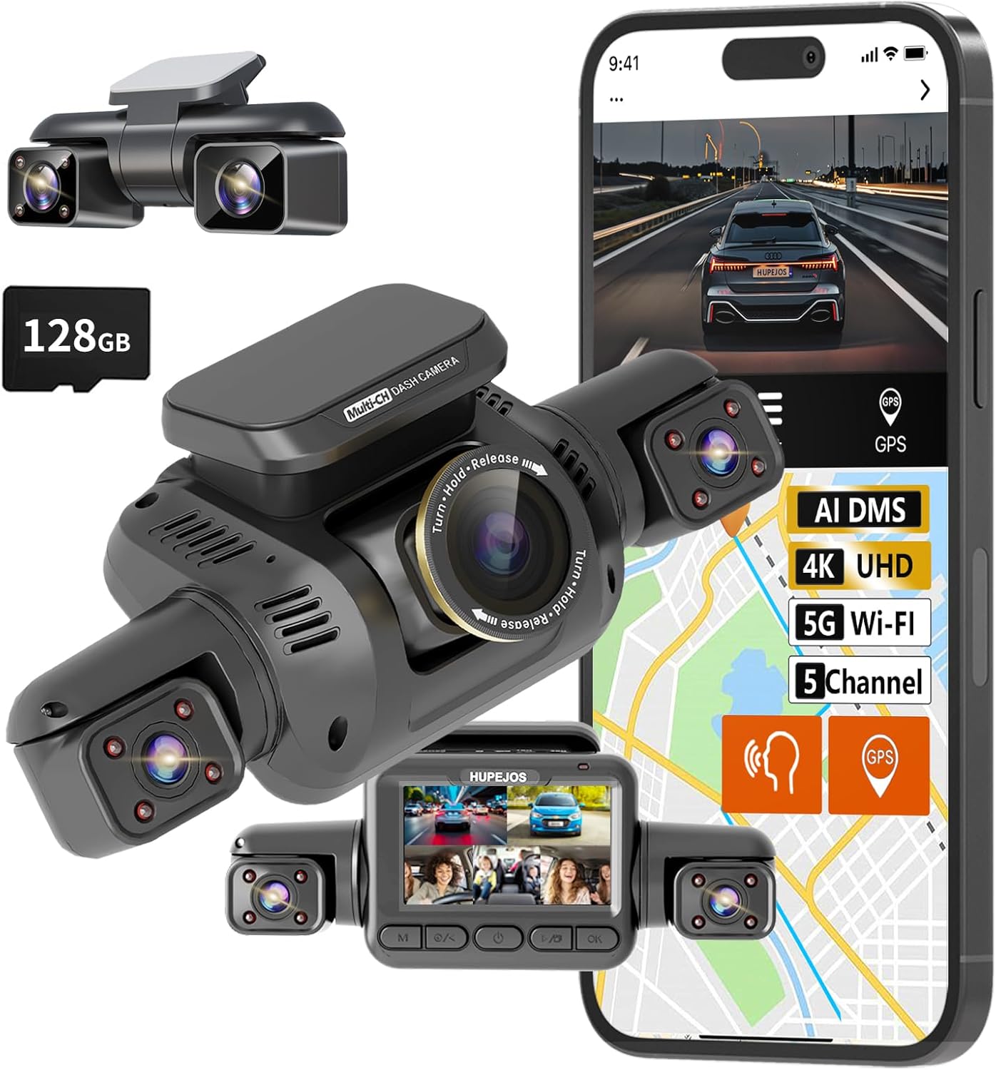 360° View 5 Channel Dash Cam Front and Rear with AI Driver Monitor System DMS, 4K Dash Camera for Cars, Built-in GPS WiFi Night Vision, Dashcam Free 128G Card, 24/7 Parking Monitor Mode, V8 Ultra-5CH