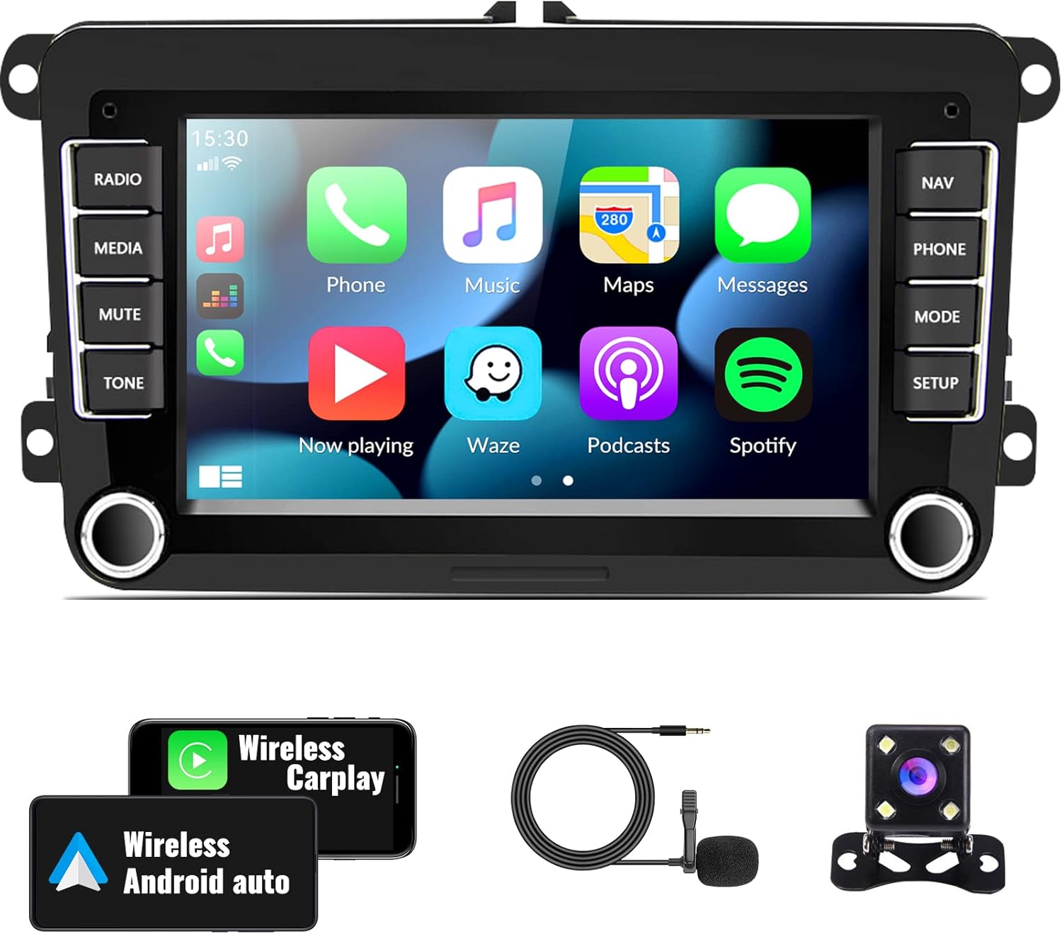 Android Car Stereo for VW Volkswagen Seat Golf Passat Jetta Beetle Tiguan Touran EOS 7” Double Din Touchscreen Bluetooth Radio with Apple CarPlay Android Auto GPS Navigation WiFi FM Backup Camera MIC