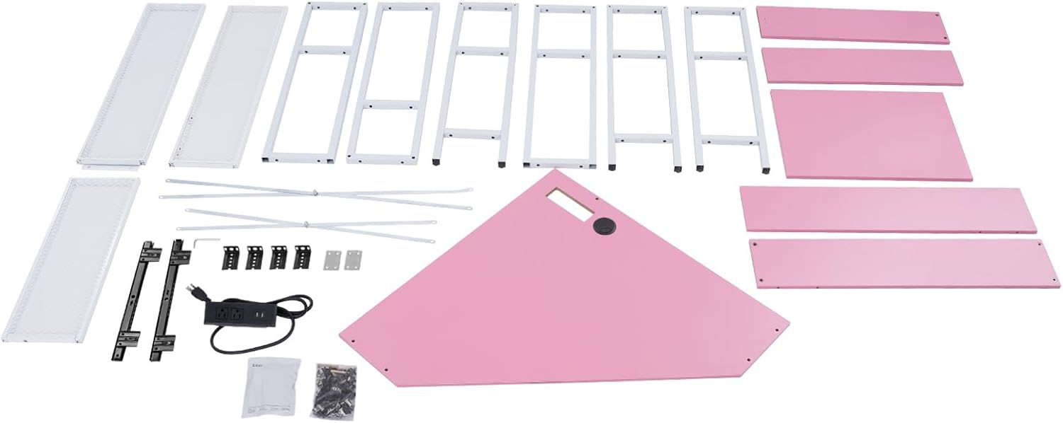 Corner Computer Desk with Power Outlets & LED Light, Mini Corner Desk with Hutch Corner Gaming Desk with Storage Shelves Triangle Corner Desk for Small Space, Home Office, Workstation (Pink)