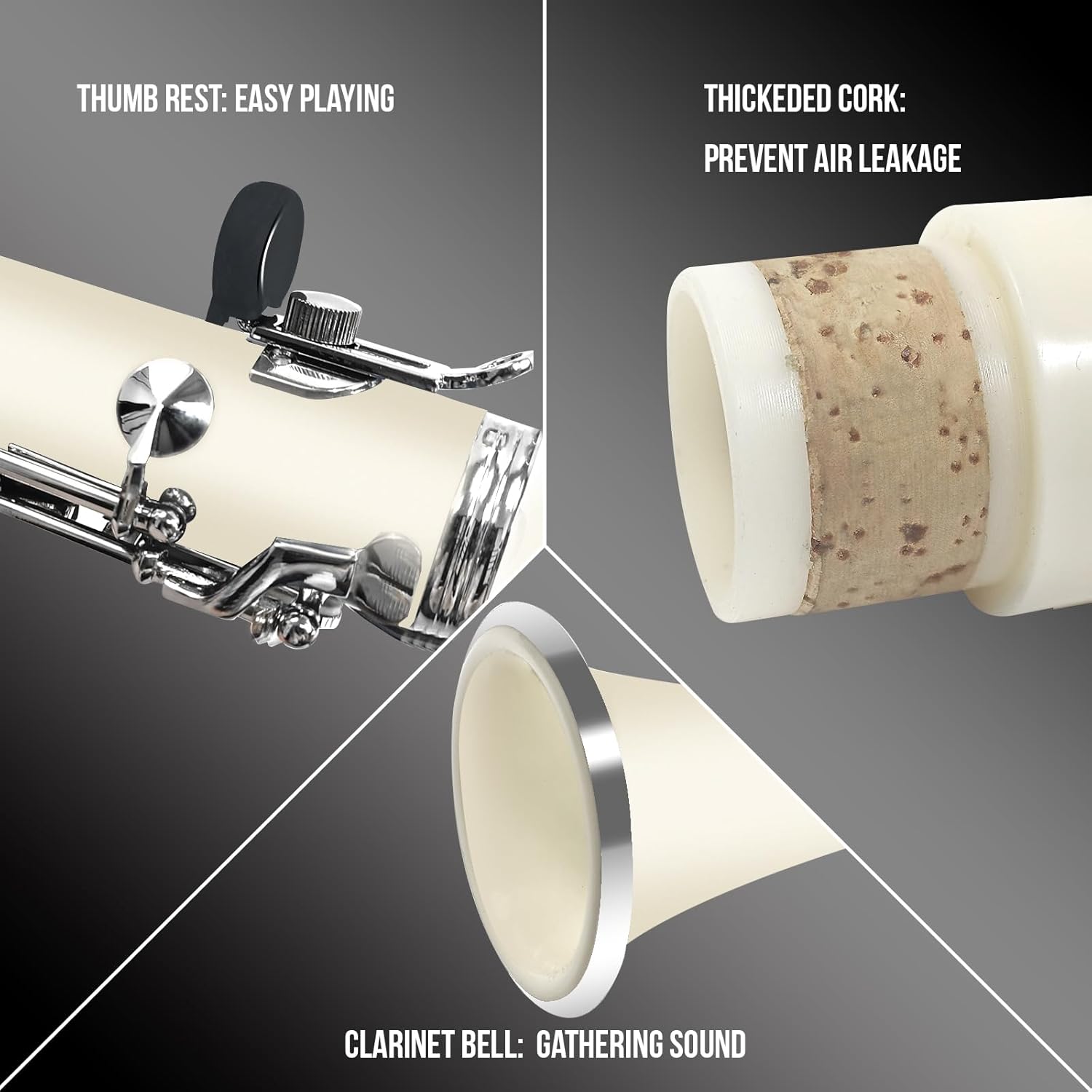 Soulmate Clarinet for Beginner Student Adults 17 Nickel-plated Keys Bb Flat with 2 Barrels 10 Reeds Hard Case and Clarinet Cleaning Kit, Woodwind Band & Orchestra Musical Instruments, White