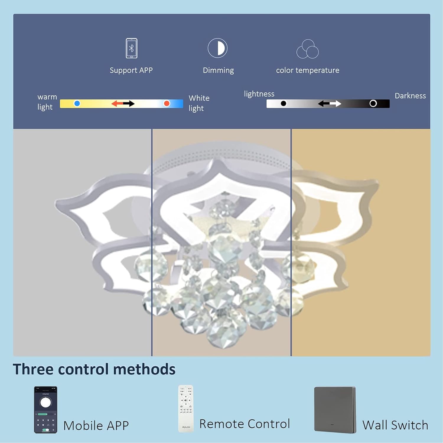 Modern Led Ceiling Light,24w Crystal Petal Flush Mount Chandelier Ceiling Flower Lamp with Remote Control for Living Room,Bedroom,Dining Room,Hall,Etc.3+3 Heads……
