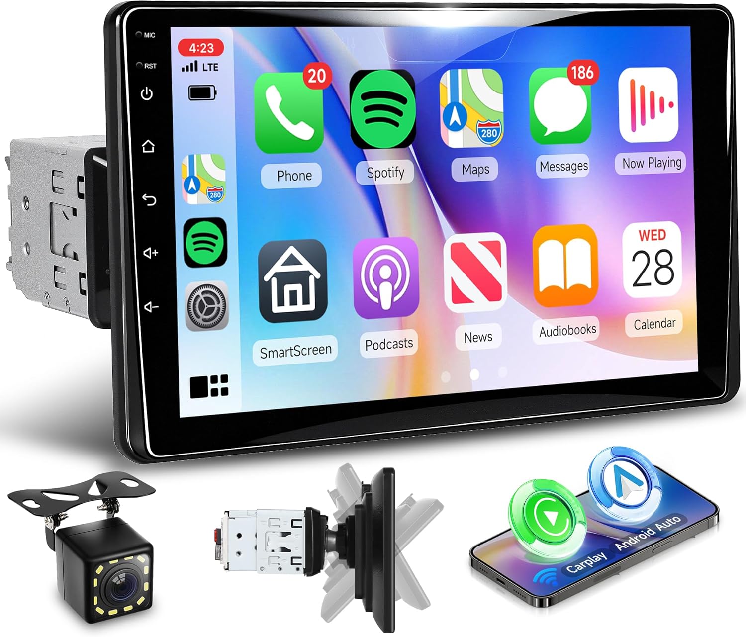 Single Din Car Stereo with Wireless A-pple Carplay Android Auto, 9