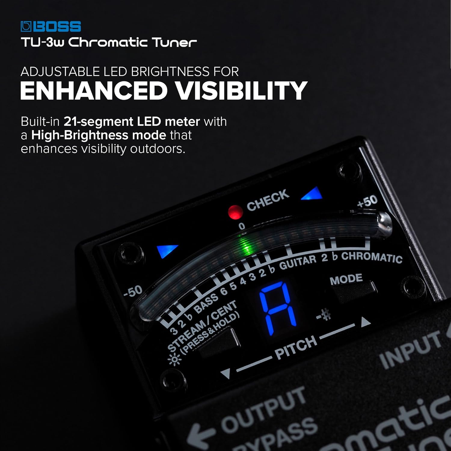 BOSS TU-3W Waza Craft Compact Chromatic Tuner | Enhanced with Waza Innovation & Craftsmanship | Superior Tuning for Guitar and Bass | 21-Segment Blue LED Meter | Accu-Pitch Sign Function