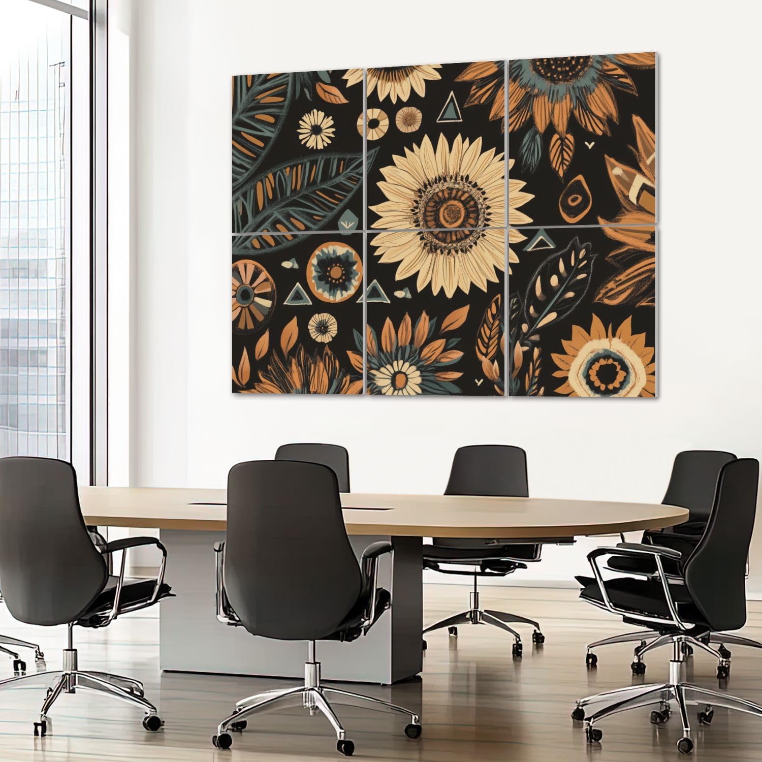 6 Pack Art Acoustic Panels Sound Absorbing Floral Boho Brown Peachpuff Green Retro Sunflowers Leaves Geometric Decorative Soundproof Wall Panels Self Adhesive for Recording Studios Office 72