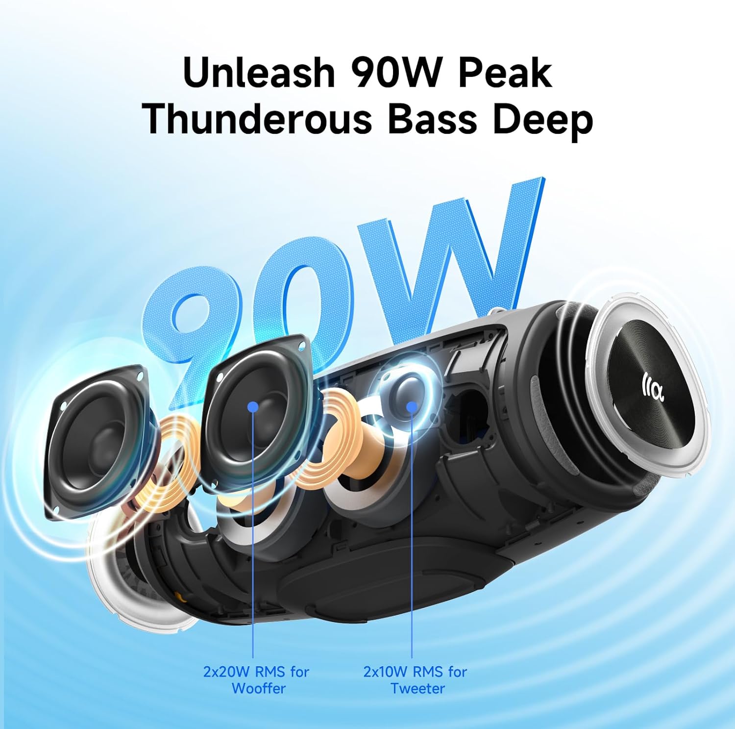 Portable Bluetooth Speaker 60W RMS,90W Peak Loud Subwoofer Wireless Stereo with HD Sound,8H Playtime IPX7 Waterproof for Party cmaping Beach