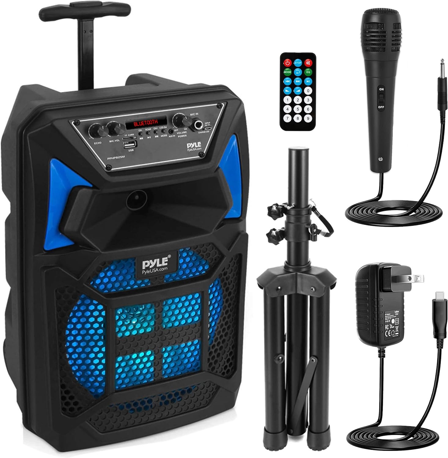 Pyle Bluetooth PA Speaker & Microphone System - Portable Karaoke Speaker with Wired Mic, Built-in LED Party Lights, FM Radio, MP3/USB/Micro SD Readers, Speaker Stand (8’’ Subwoofer, 400 Watt MAX)