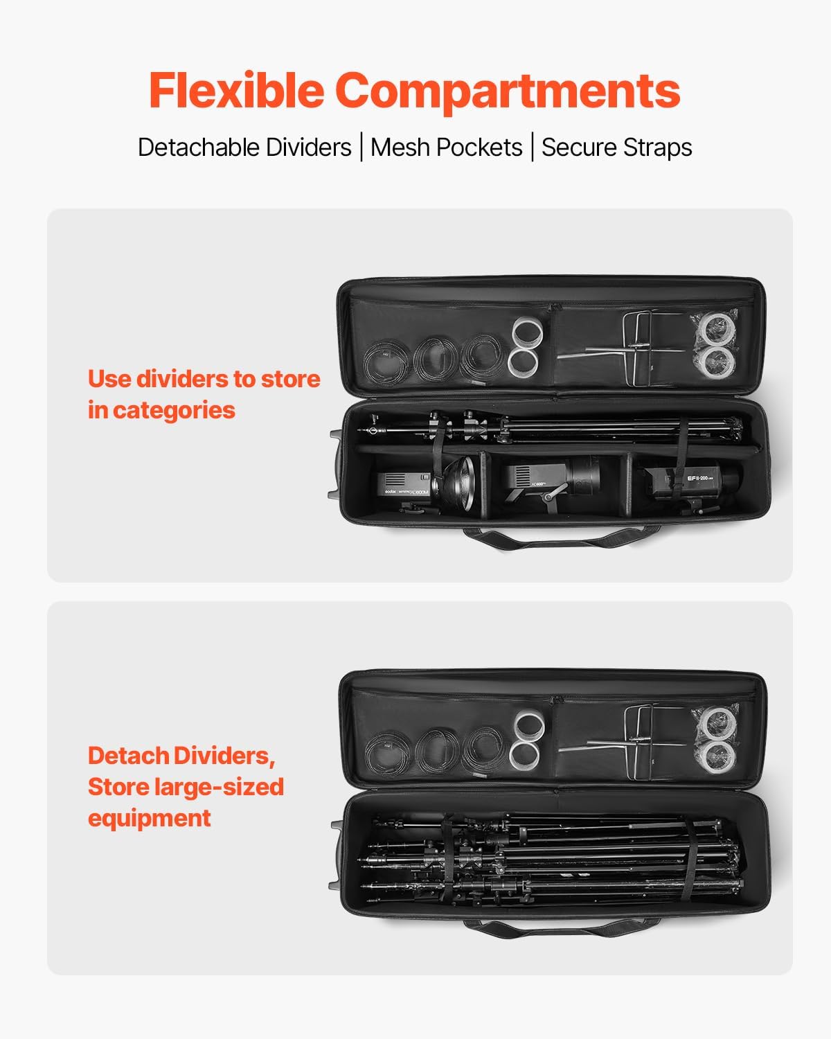 VEVOR Studio Equipment Trolley Case, 51.57 x 14.37 x 14.96 in / 131 x 36.5 x 38 cm, Rolling Camera Bag, Carrying Bag with Wheels Straps Padded Compartment Handle, for Light Stands, Tripods, Telescopes