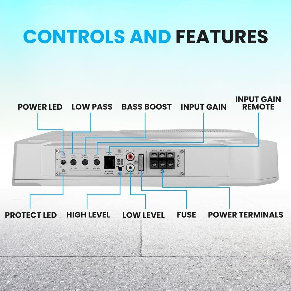 Pyle 10-Inch Low-Profile Amplified Subwoofer System - 900 Watt Compact Enclosed Active Marine Underseat Car Subwoofer with Built In Amp, Powered Car Subwoofer w/ Low & High Level Inputs
