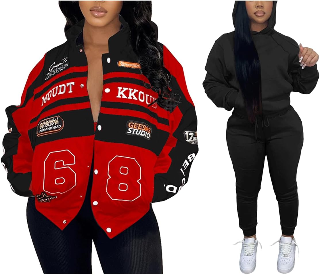 KANSOON Women Jogger Outfits Sets Two Piece Hoodies Sweatsuits and Letterman Jacket Woman Motor Racing Car Cropped Jacket