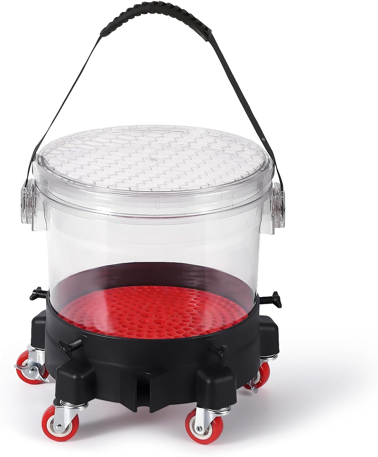 5 Gallon Car Wash Bucket Kit w/ 5-Caster Dolly, 15.5L Bucket, Filter Grids, Rubber Handle and Lid, 300LB Capacity Rolling Detailing System for Auto Cleaning, Heavy-Duty (Transparent)
