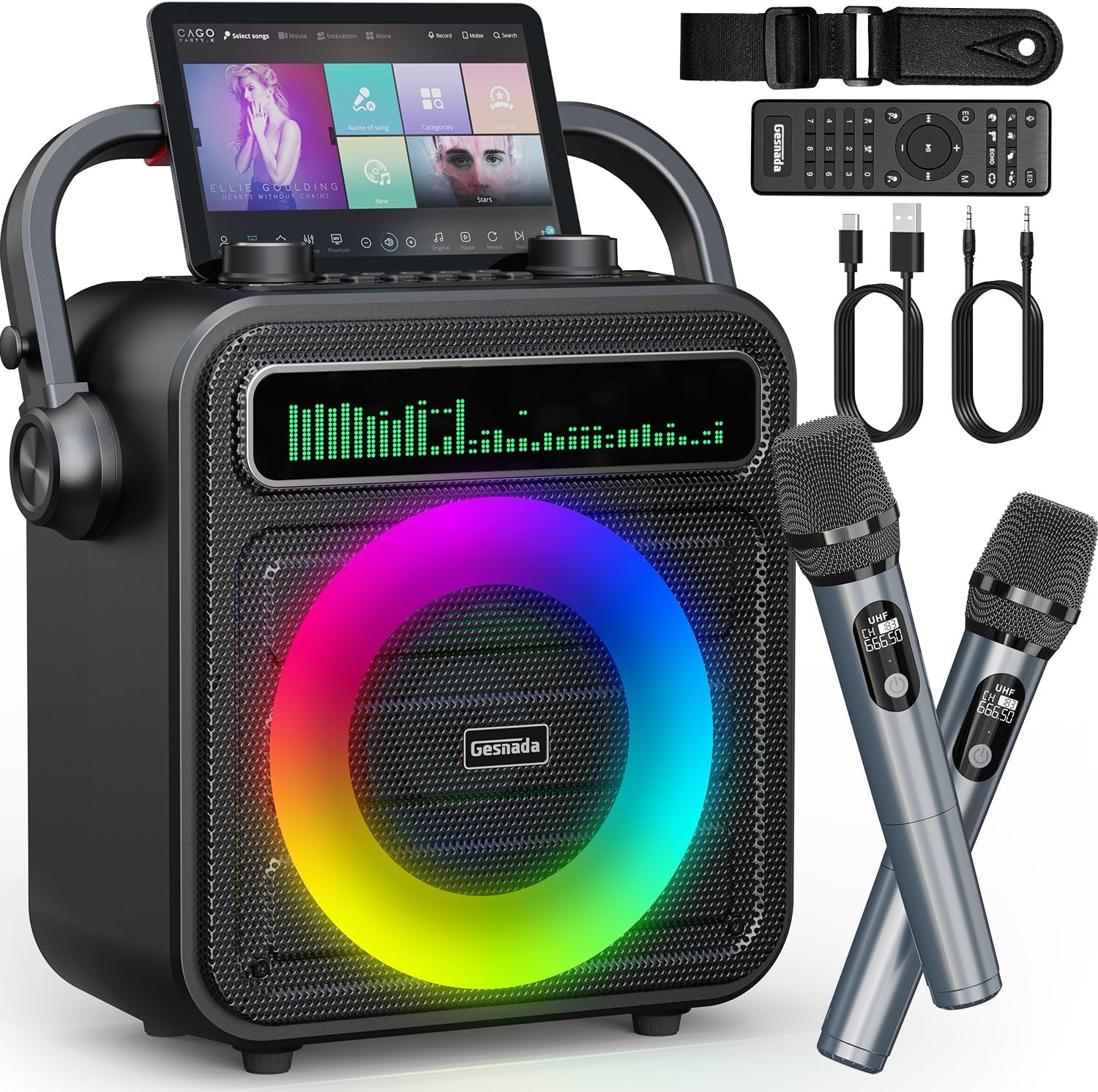Karaoke Machine 2 Wireless Microphones, Portable Bluetooth Speaker w/PA System for Adults & Kids with LED Lights, Bass/Treble Adjustment, Supports REC/TWS/FM/AUX/USB/IF Card for Party